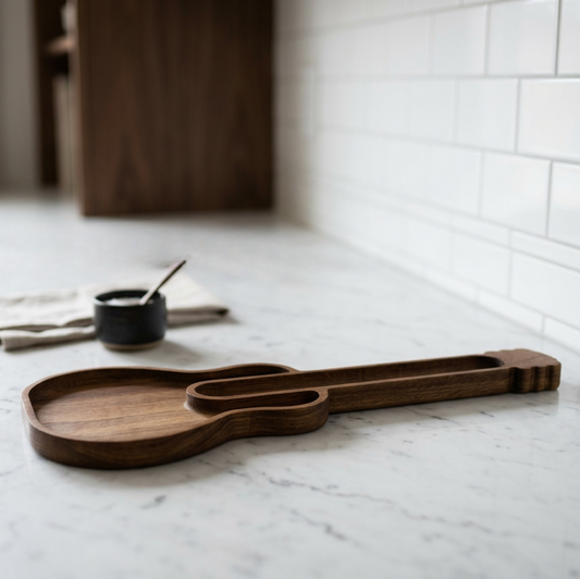 Guitar shaped white oak serving board with a recessed neck channel on a white marble kitchen counter