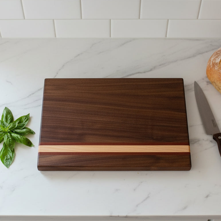 Handcrafted walnut cutting board with cherry accent stripe and padauk pinstripes - Artisan Board #29