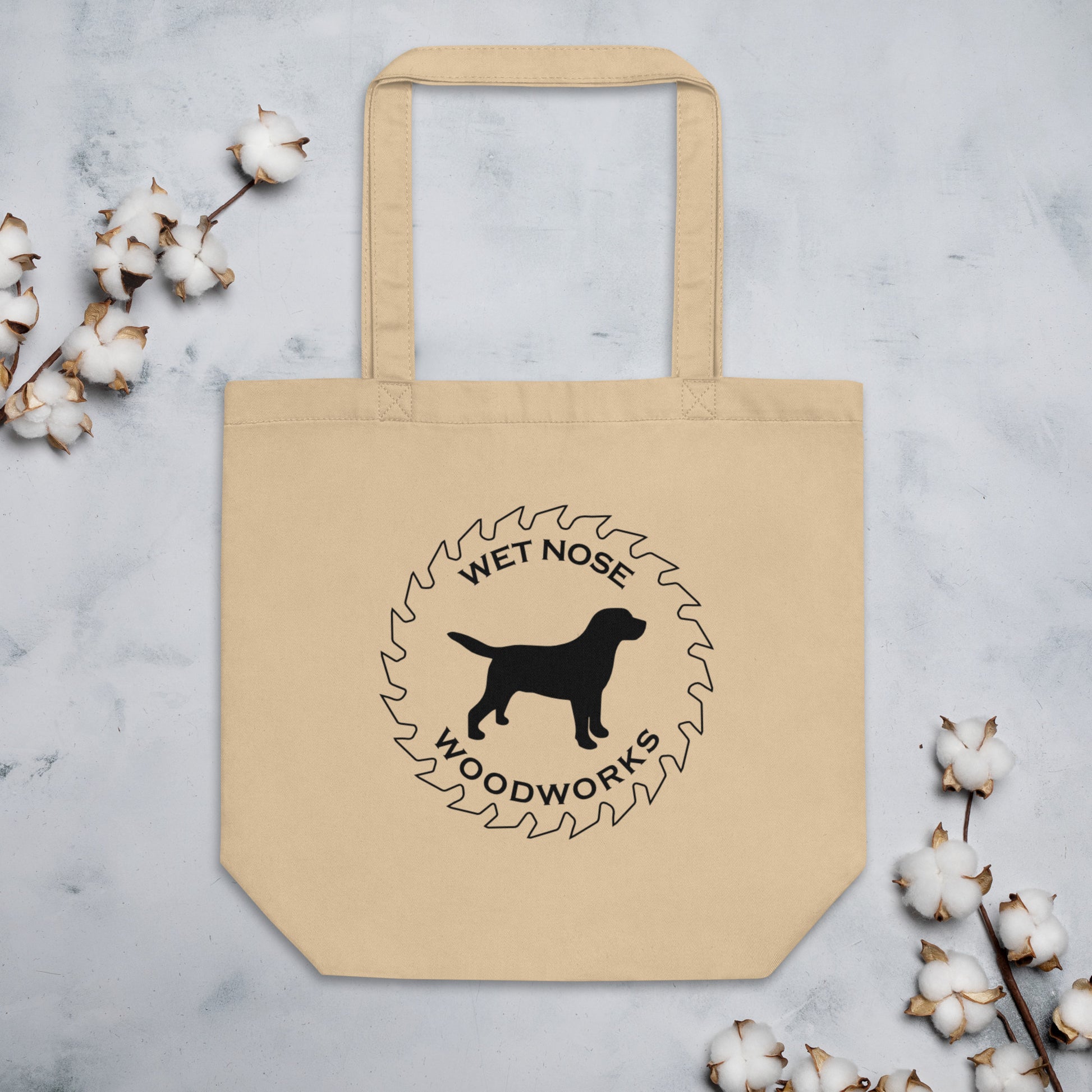 Wet Nose Woodworks oyster organic cotton logo tote bag, front view