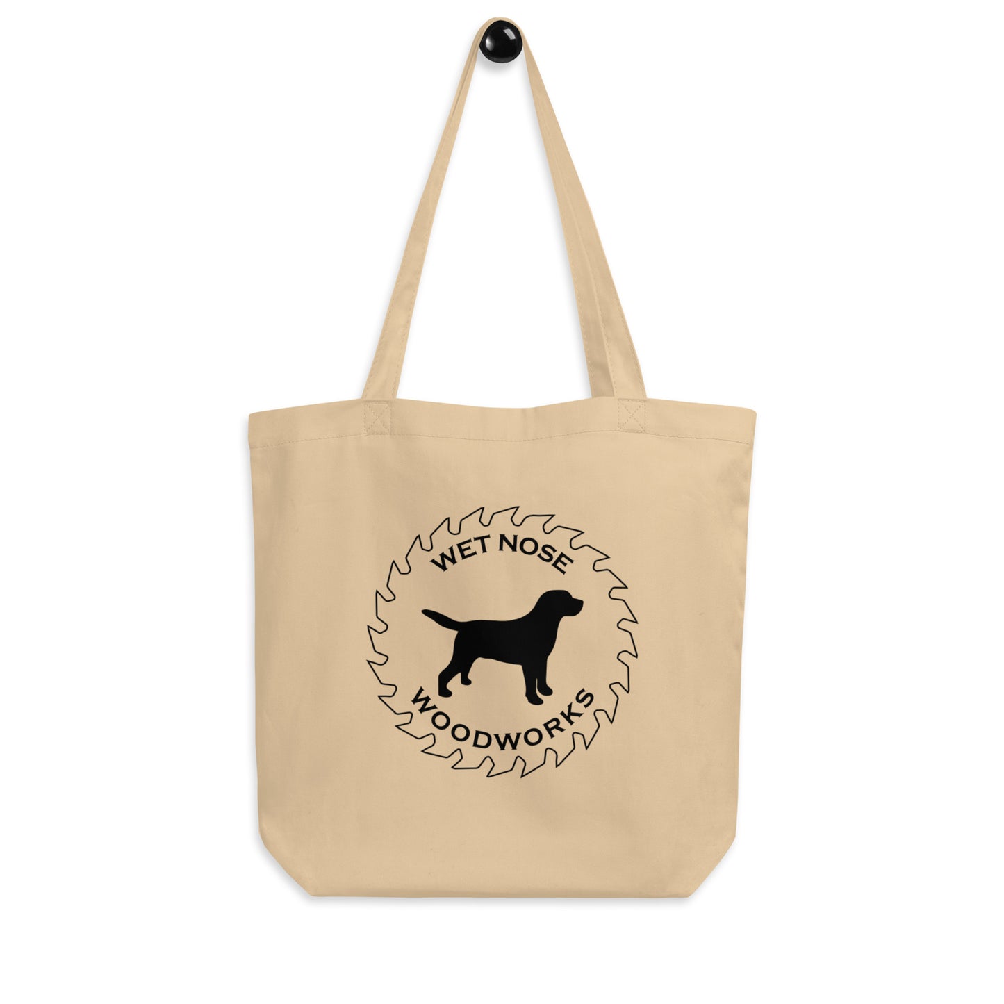 Wet Nose Woodworks oyster organic cotton logo tote bag, styled view