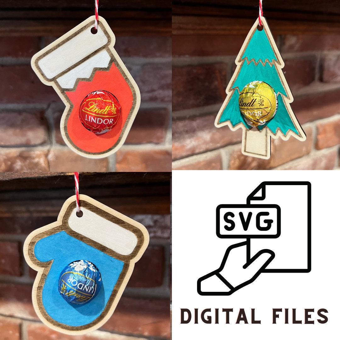 Digital Ornament Templates - Stocking, Christmas Tree, and Mitten - Holds Lindt Lindor Chocolate - SVG and Lightburn Files - Laser Ready!
