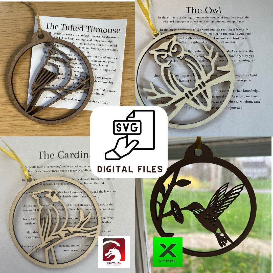 4 Digital Bird Ornament & inspirational Card Files - PDF, SVG, Lightburn, Laser Cut Template Love Wisdom Symbols - DIY Craft xTool Gift
