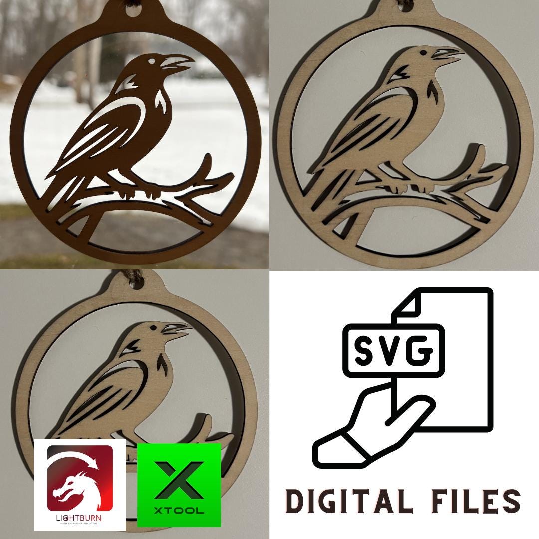 Digital Crow Raven Ornament & Inspirational Card Files - SVG, Lightburn, XCS, Laser Cut Template Car Charm Glowforge - Craft xTool Gift