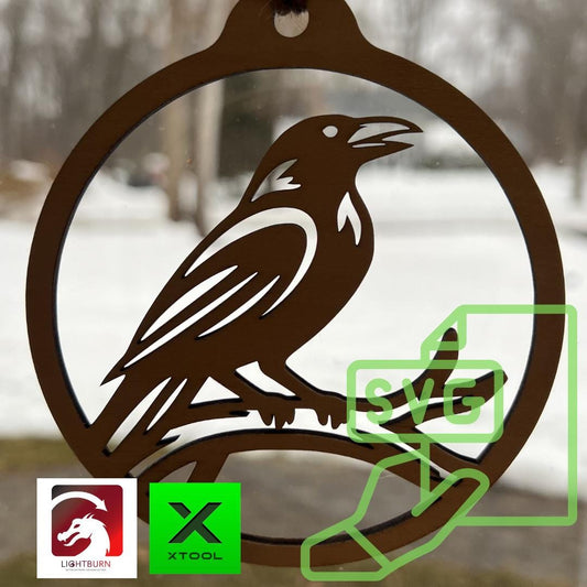 Digital Crow Raven Ornament & Inspirational Card Files - SVG, Lightburn, XCS, Laser Cut Template Car Charm Glowforge - Craft xTool Gift