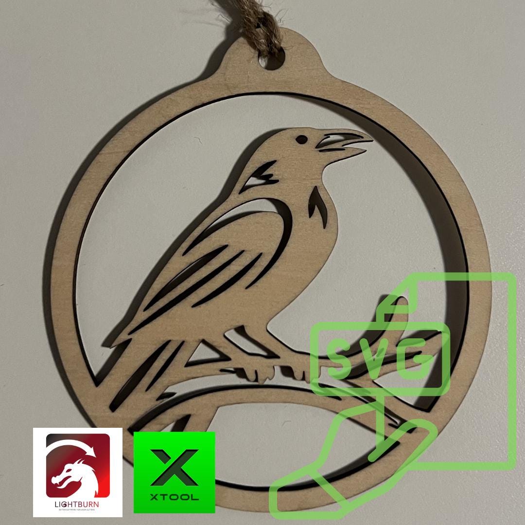 Digital Crow Raven Ornament & Inspirational Card Files - SVG, Lightburn, XCS, Laser Cut Template Car Charm Glowforge - Craft xTool Gift