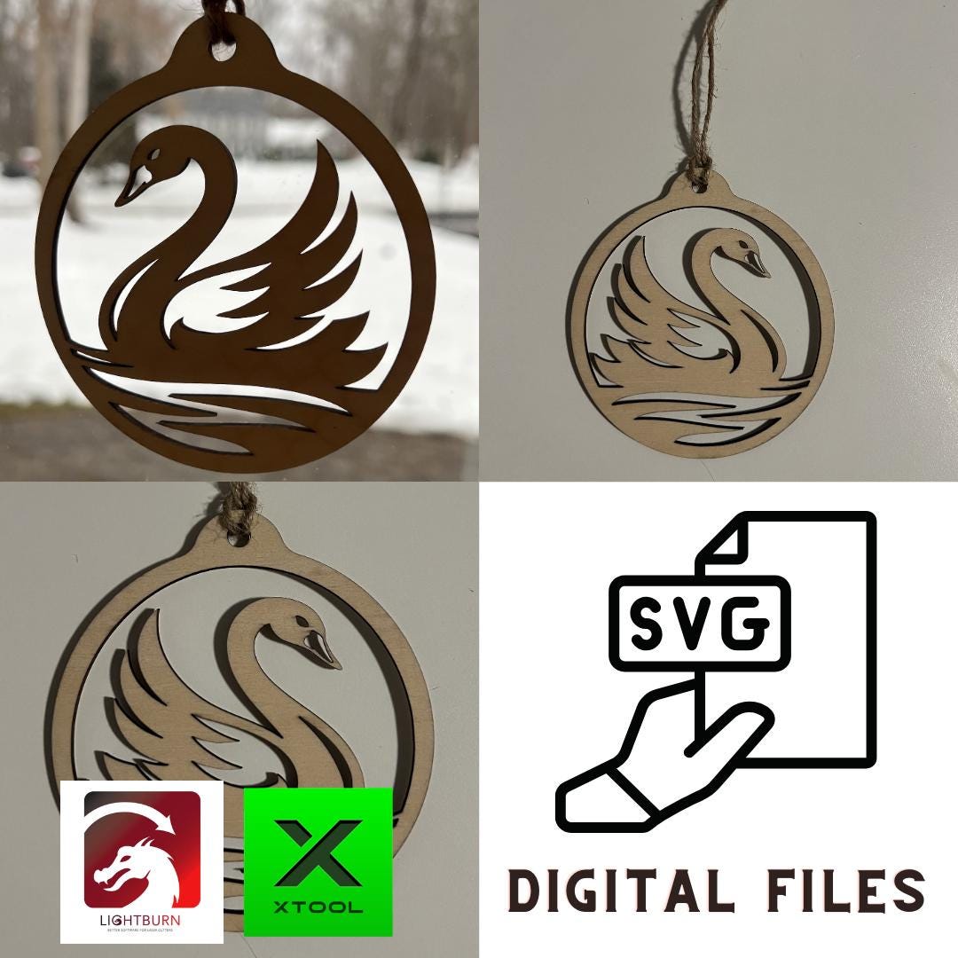 Digital Swan Ornament & inspirational Card Files - PDF, SVG, Lightburn, Laser Cut Template Bird Love Symbol - DIY Craft xTool Gift