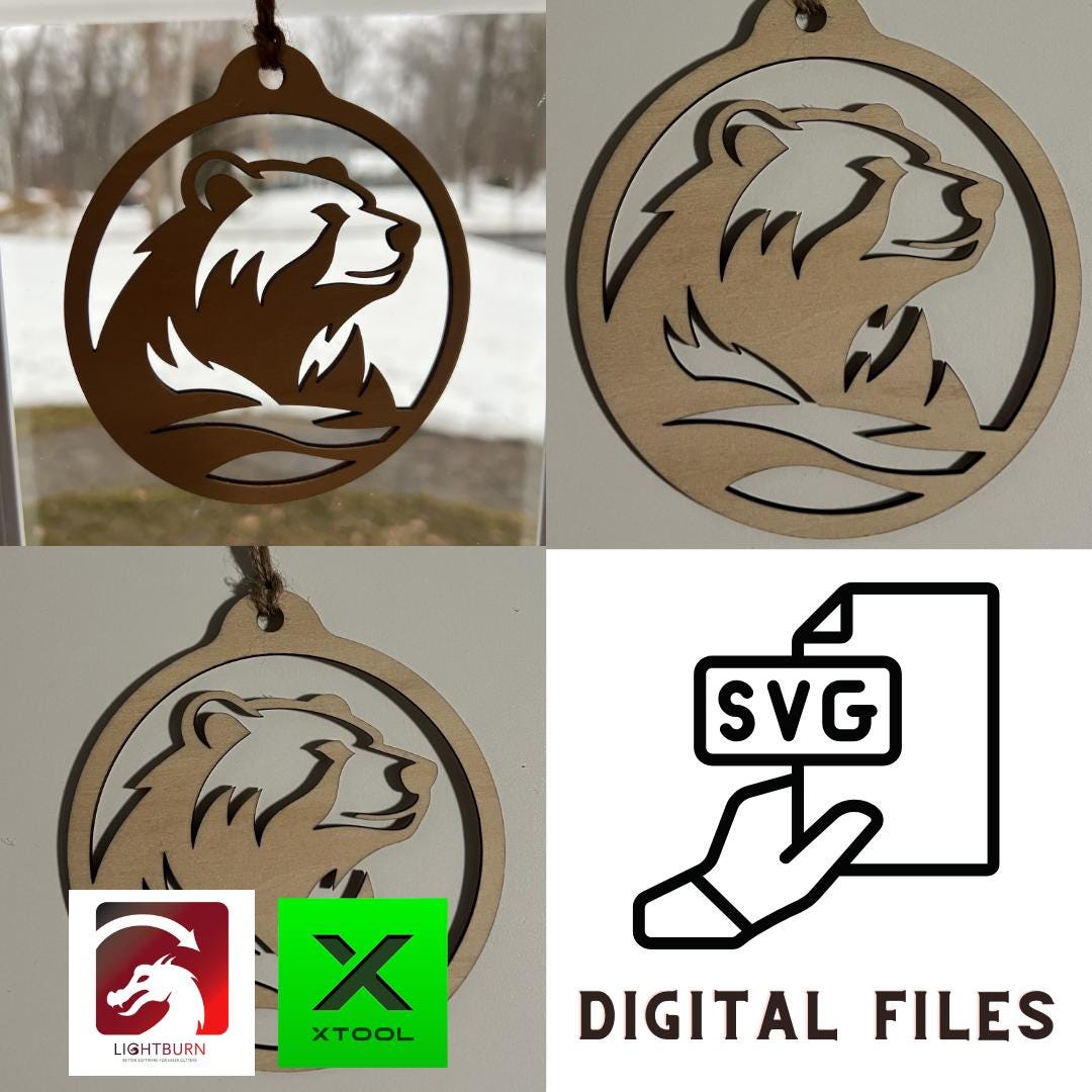 Digital Bear Ornament & Inspirational Card Files - PDF, SVG, Lightburn, XCS, Laser Cut Template Car Charm Glowforge - Craft xTool Gift