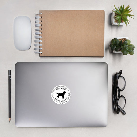 Wet Nose Woodworks 3-inch logo sticker, lifestyle photo 1