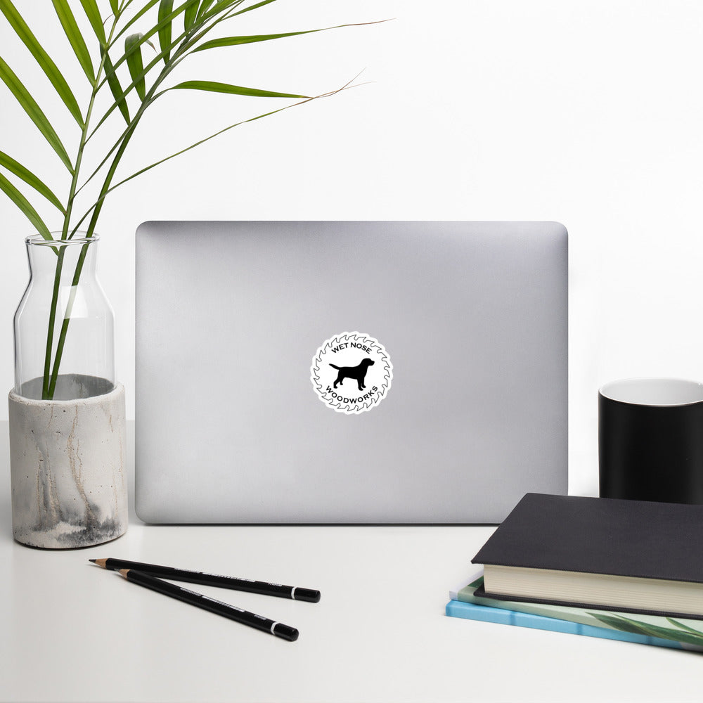 Wet Nose Woodworks 3-inch logo sticker, lifestyle photo 2