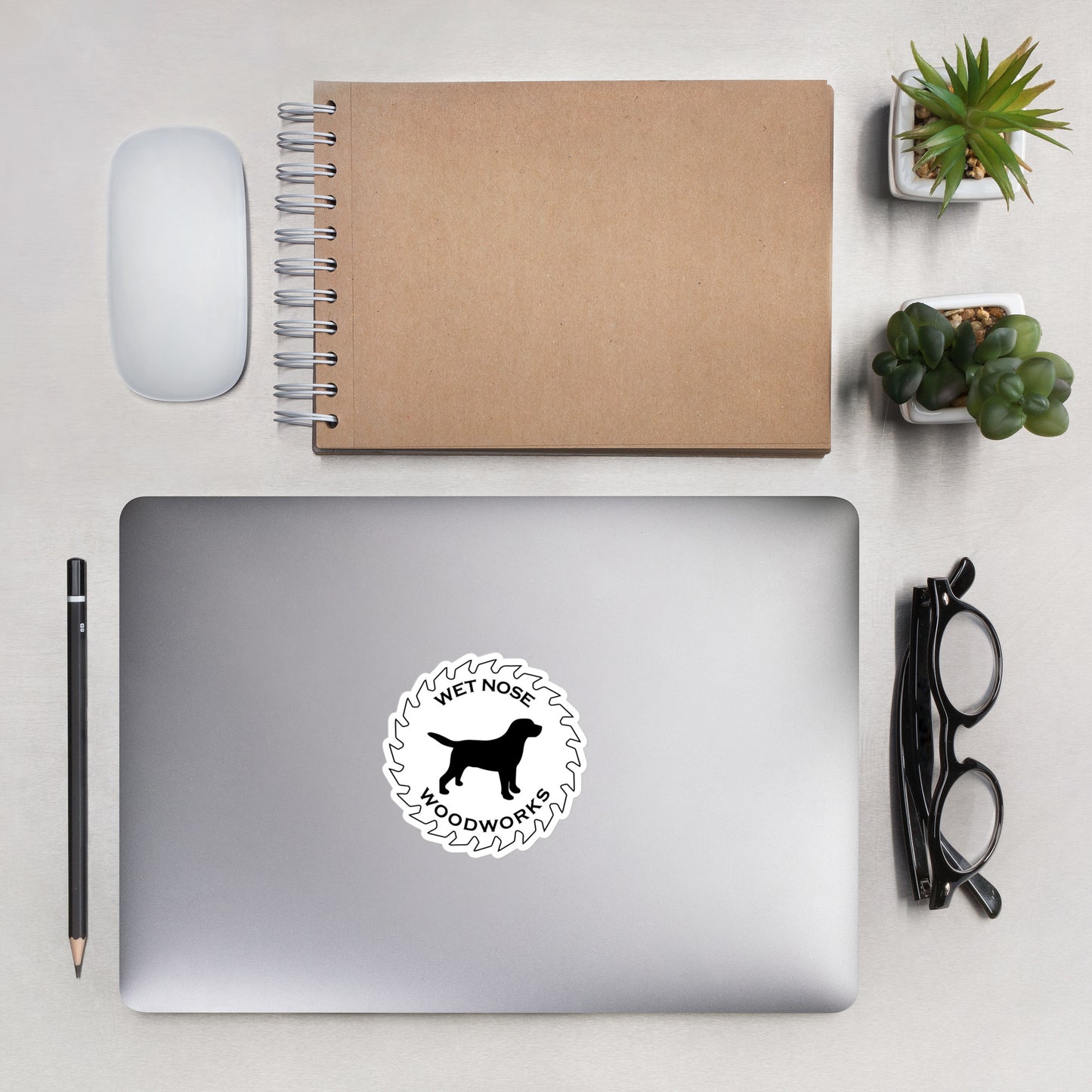 Wet Nose Woodworks 4-inch logo sticker, lifestyle photo 1