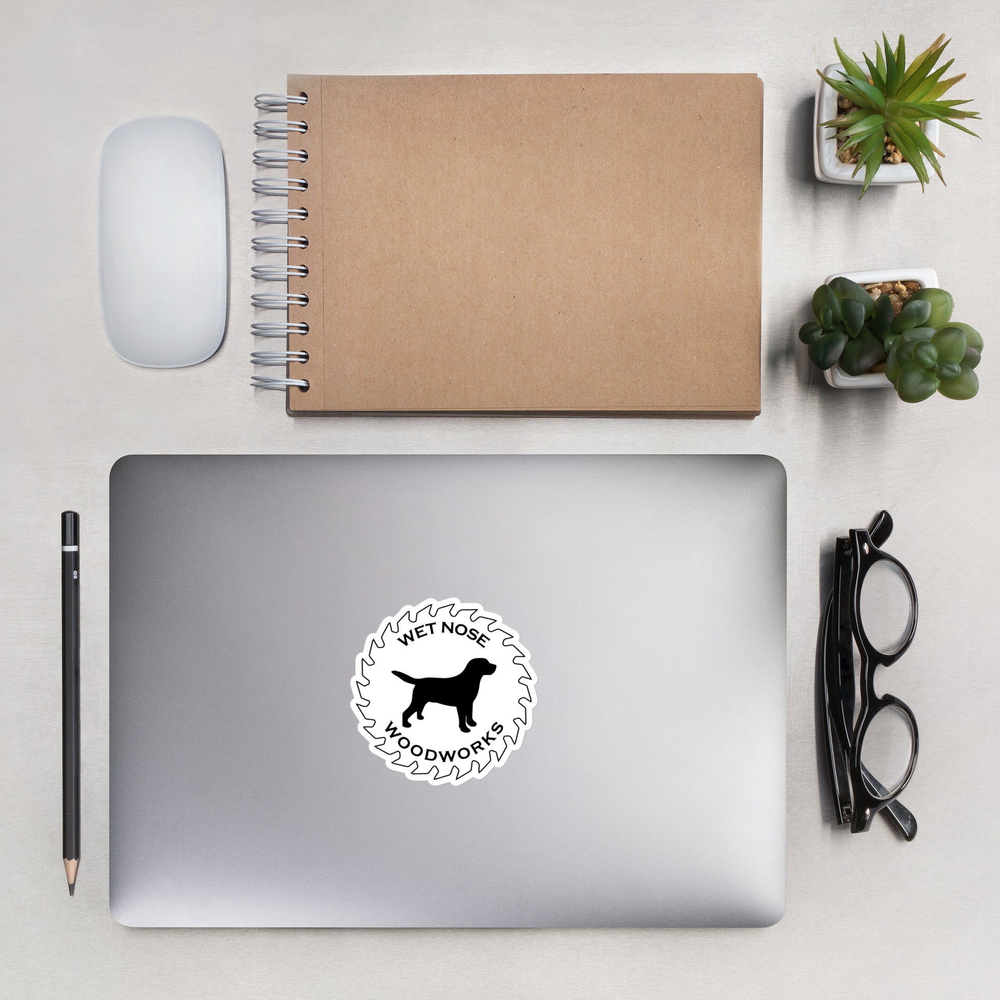Wet Nose Woodworks 4-inch logo sticker, lifestyle photo 1