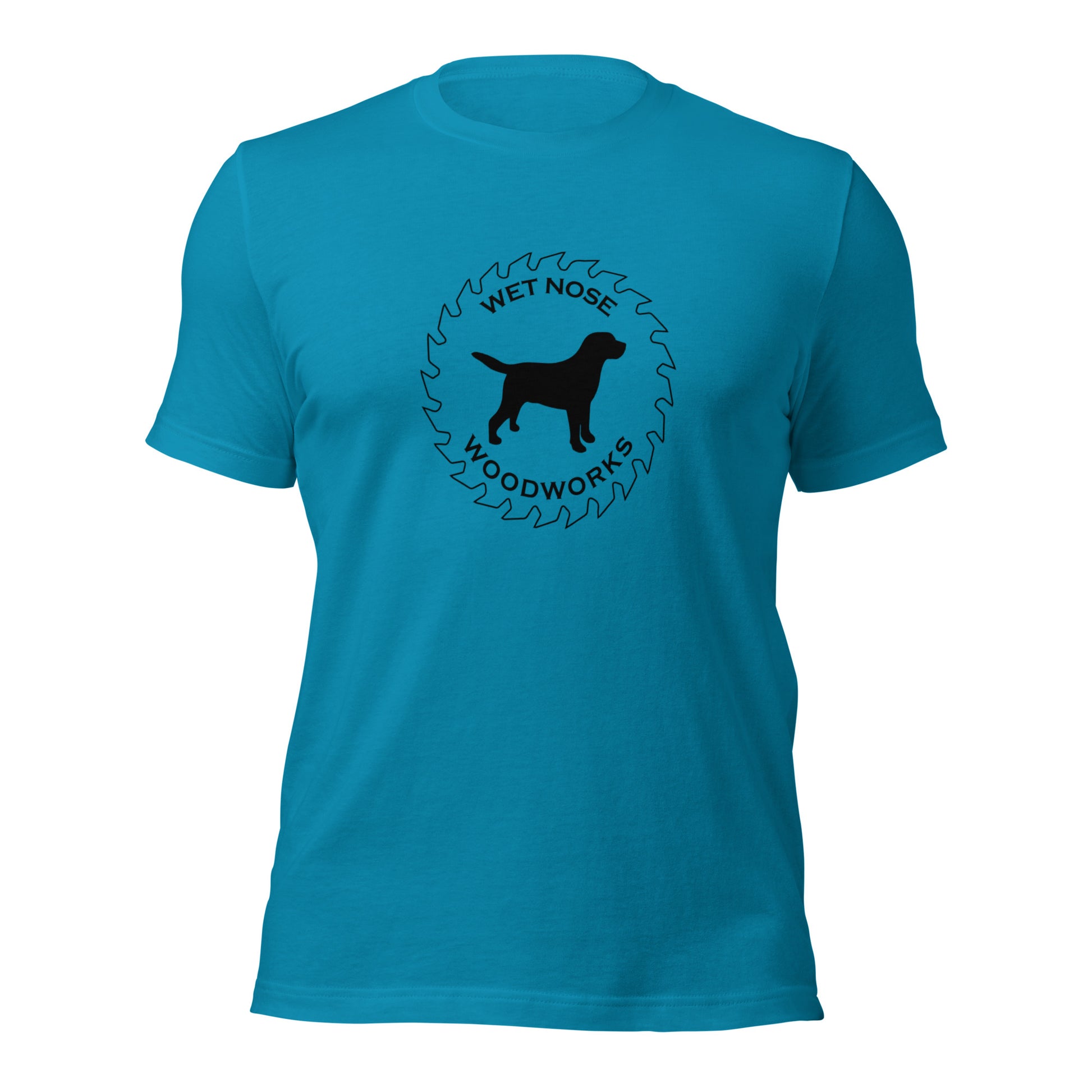 Wet Nose Woodworks logo t-shirt in Aqua, front view, alternate angle