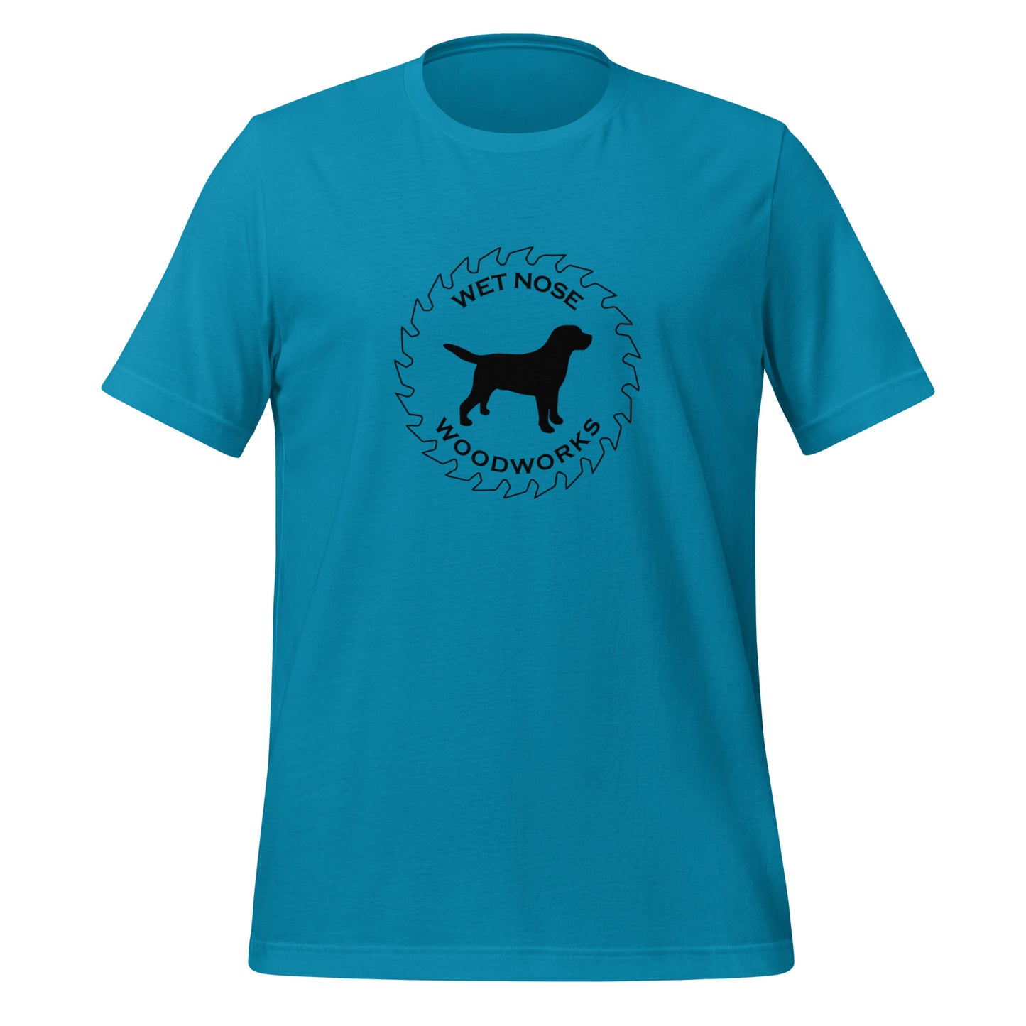 Wet Nose Woodworks logo t-shirt in Aqua, front view