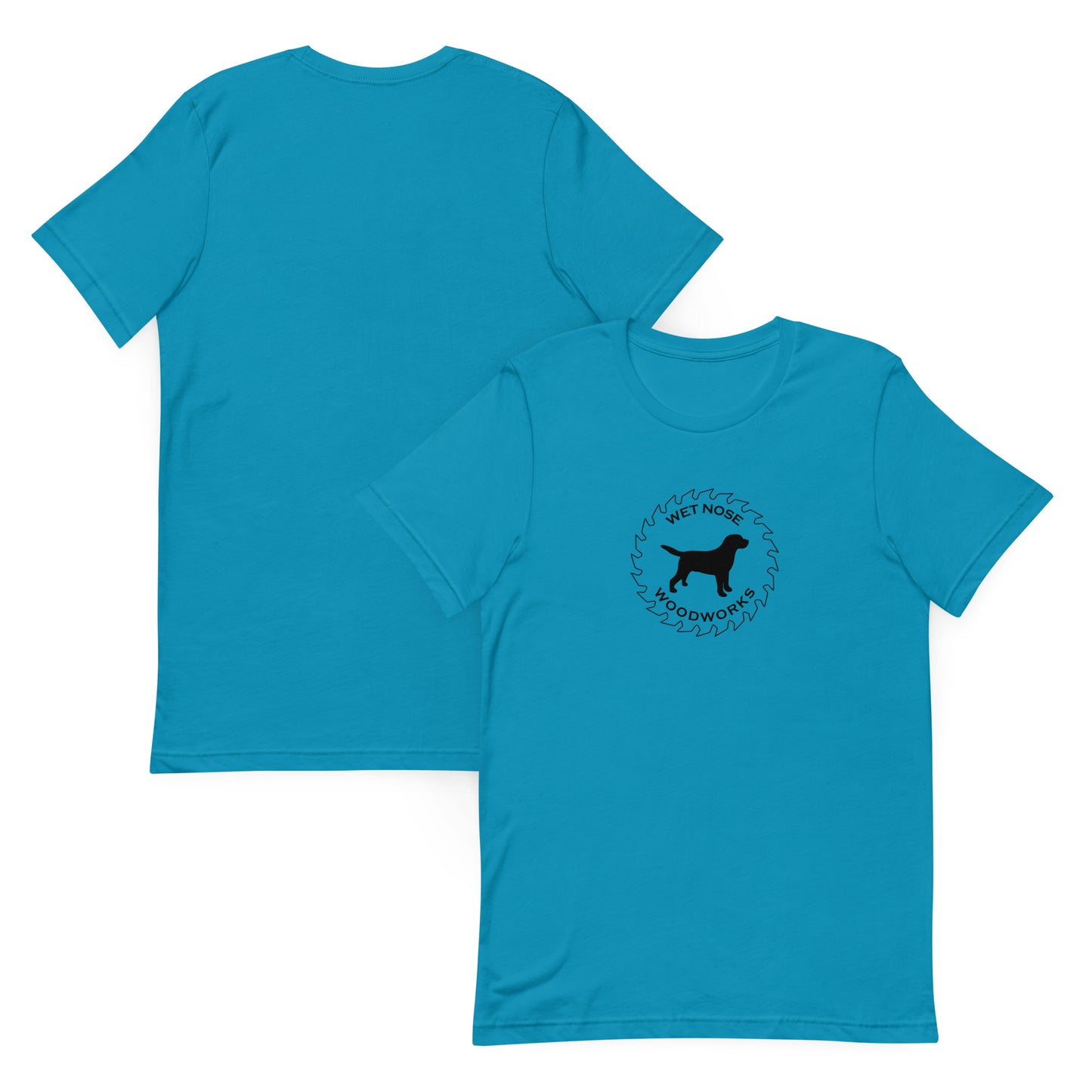 Wet Nose Woodworks logo t-shirt in Aqua, front and back view, alternate angle