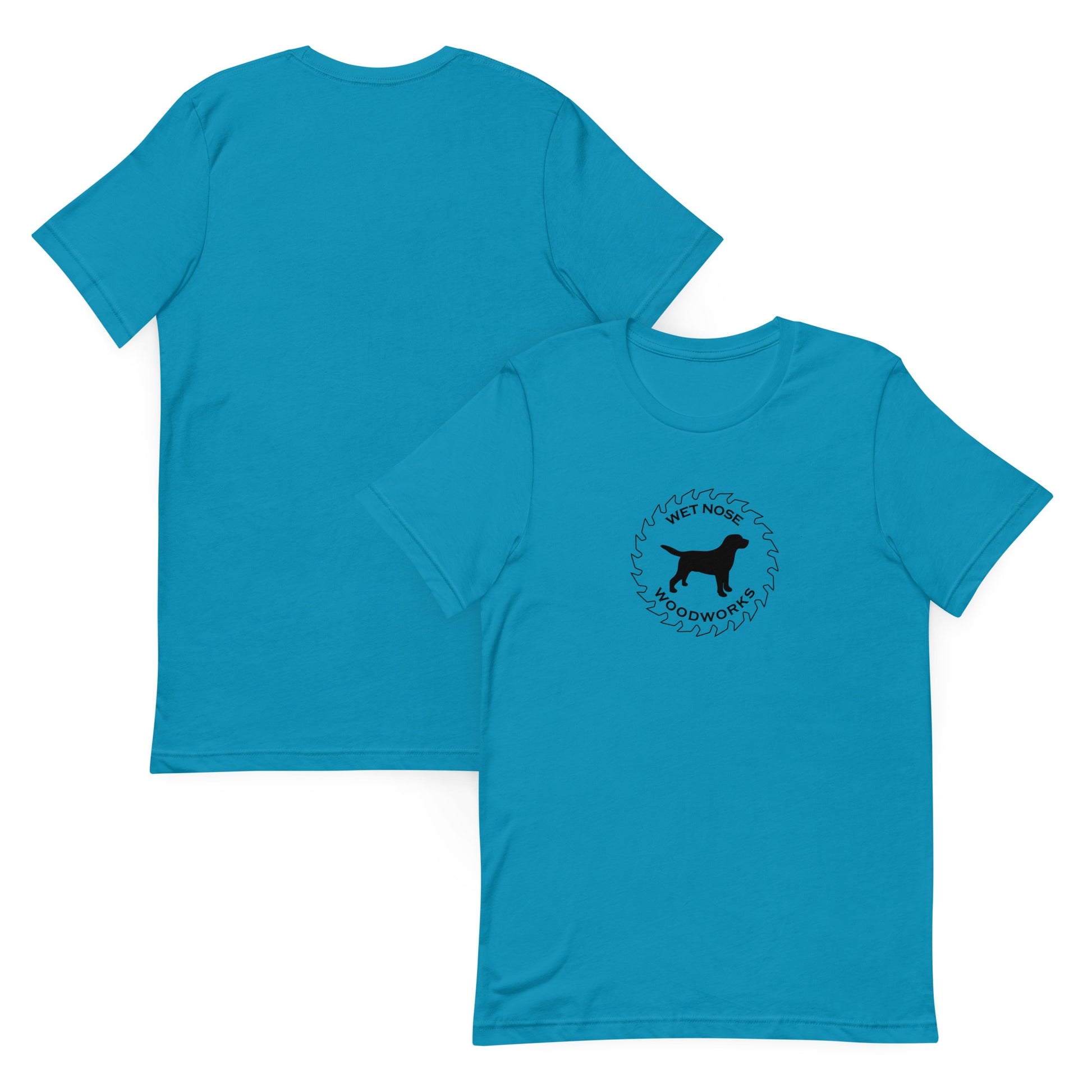 Wet Nose Woodworks logo t-shirt in Aqua, front and back view, alternate angle