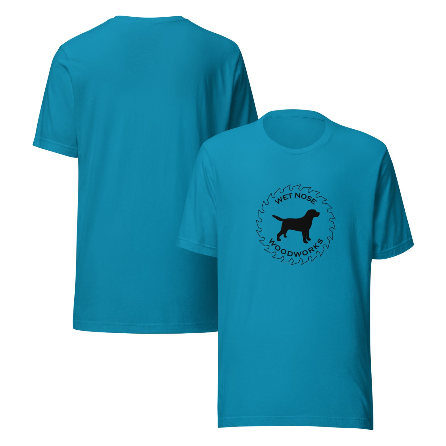 Wet Nose Woodworks logo t-shirt in Aqua, front and back view