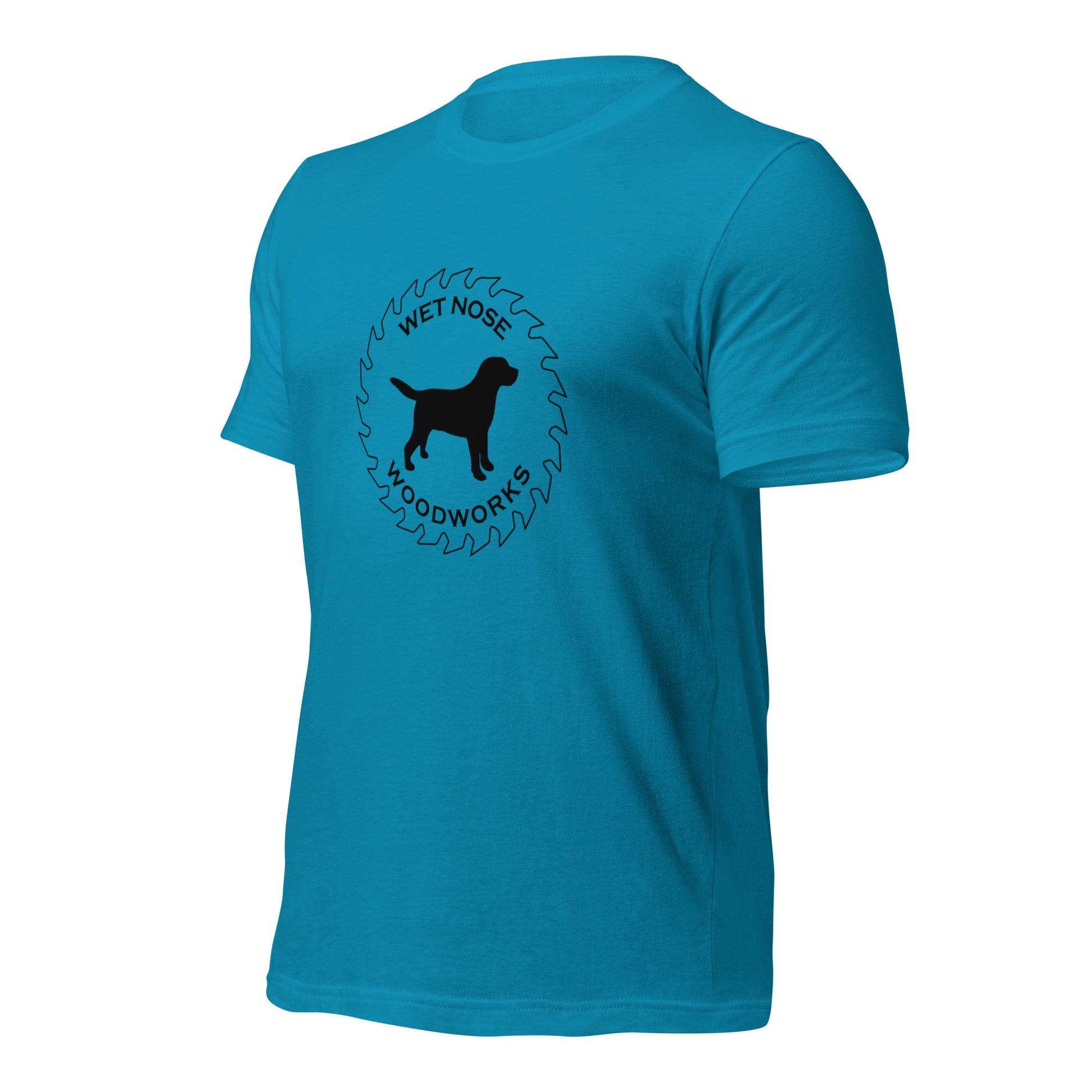 Wet Nose Woodworks logo t-shirt in Aqua, left front angle view