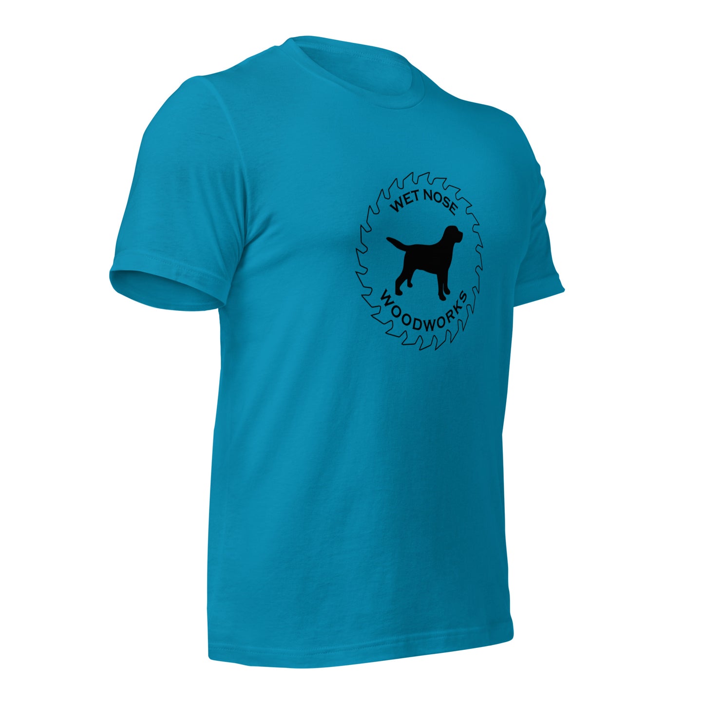 Wet Nose Woodworks logo t-shirt in Aqua, right front angle view