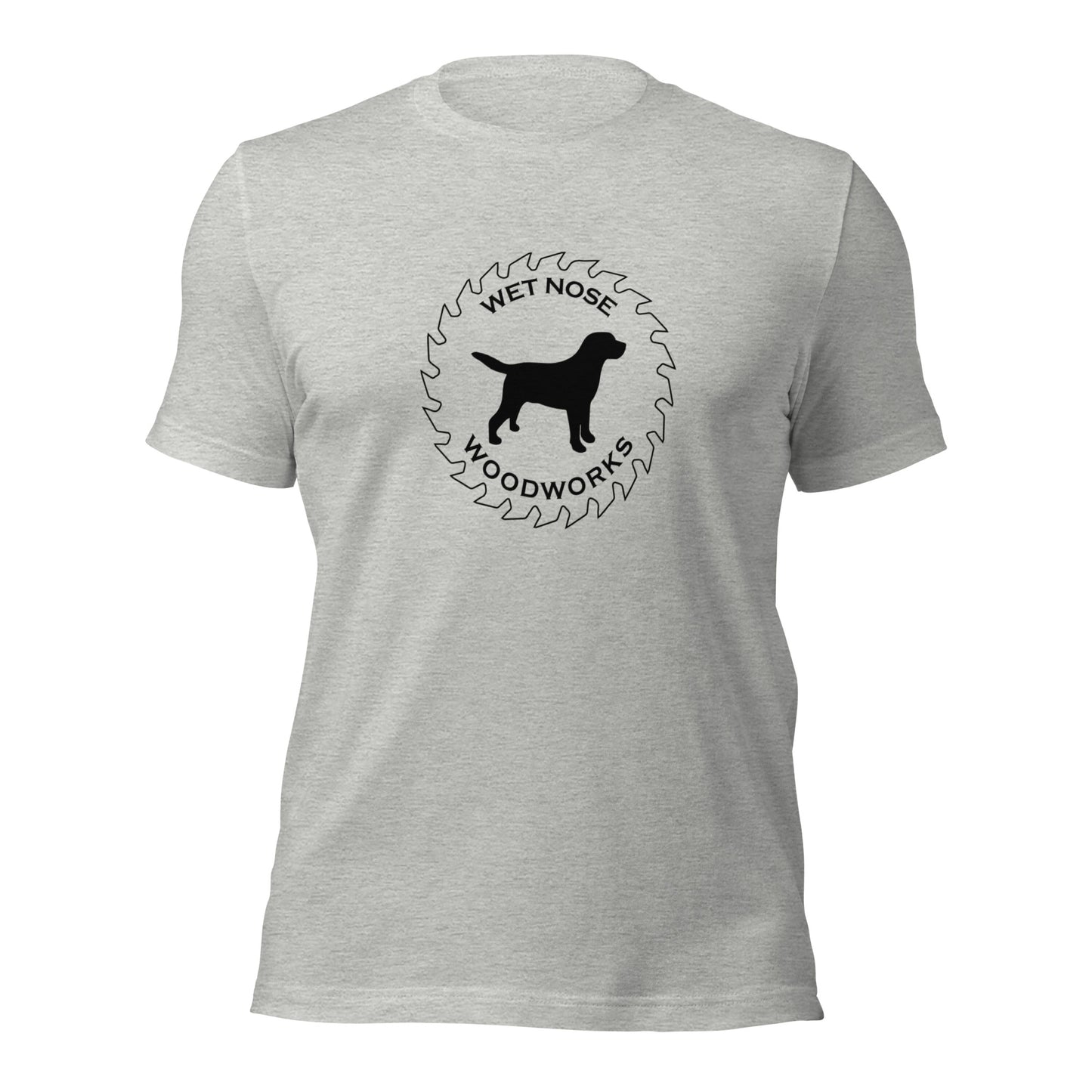 Wet Nose Woodworks logo t-shirt in Athletic Heather, front view, alternate angle