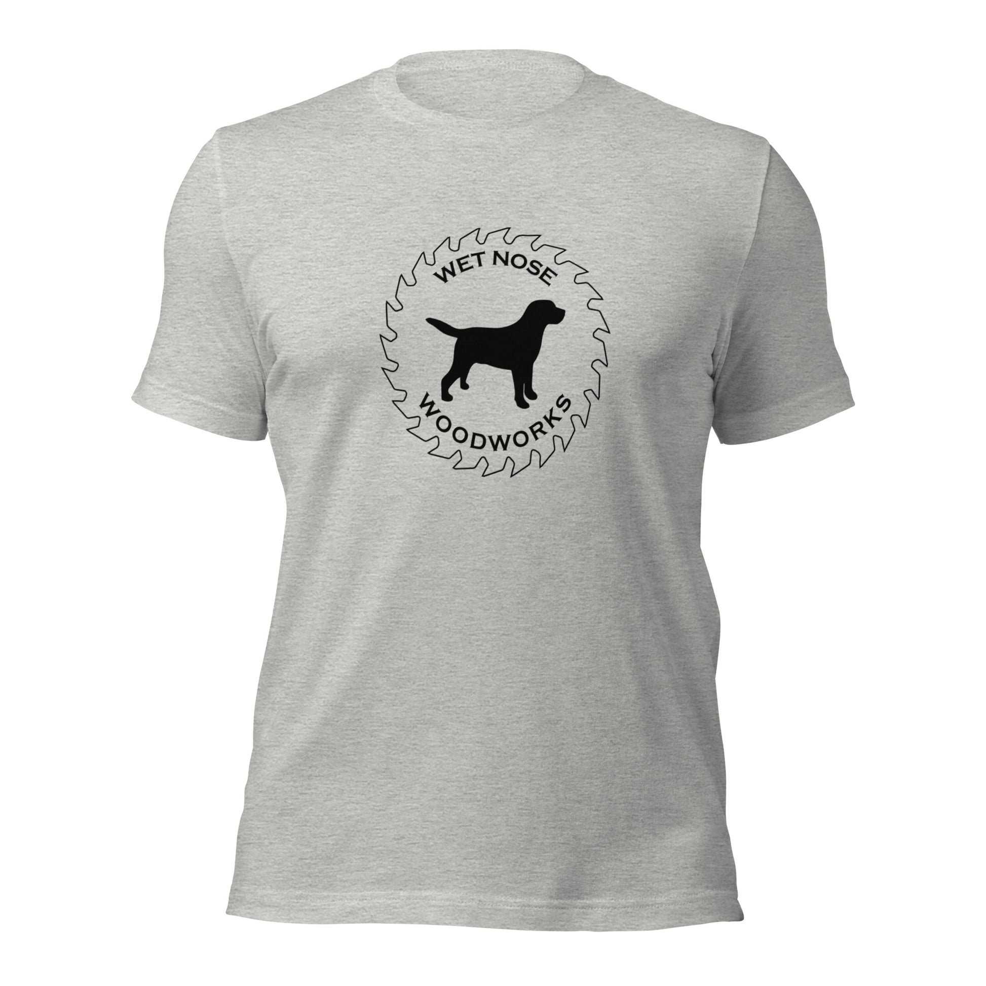 Wet Nose Woodworks logo t-shirt in Athletic Heather, front view, alternate angle