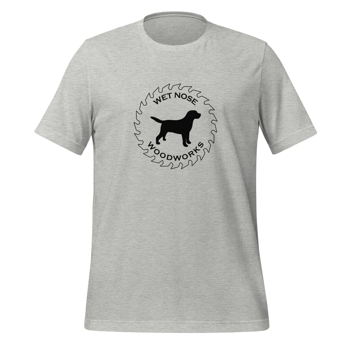 Wet Nose Woodworks logo t-shirt in Athletic Heather, front view