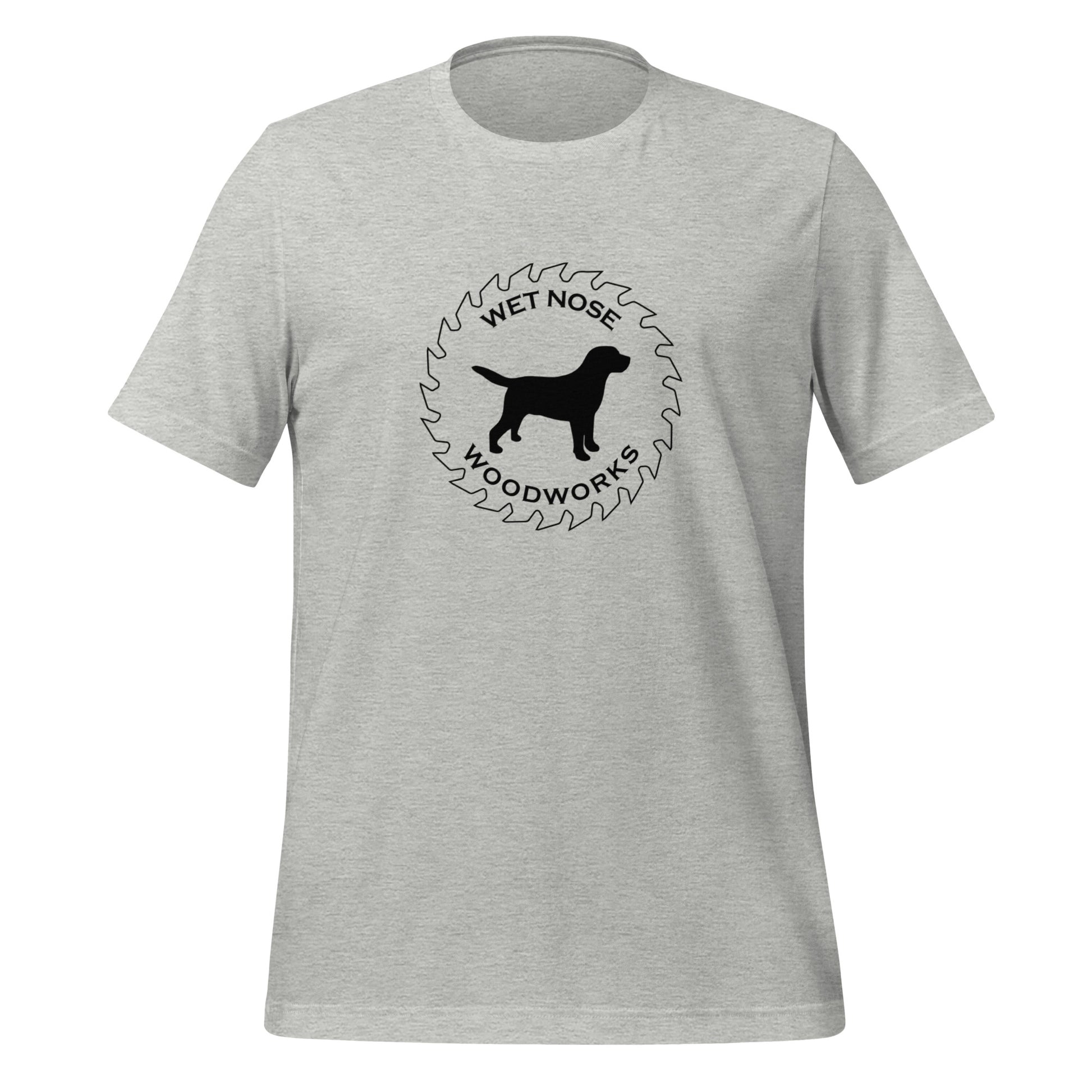 Wet Nose Woodworks logo t-shirt in Athletic Heather, front view
