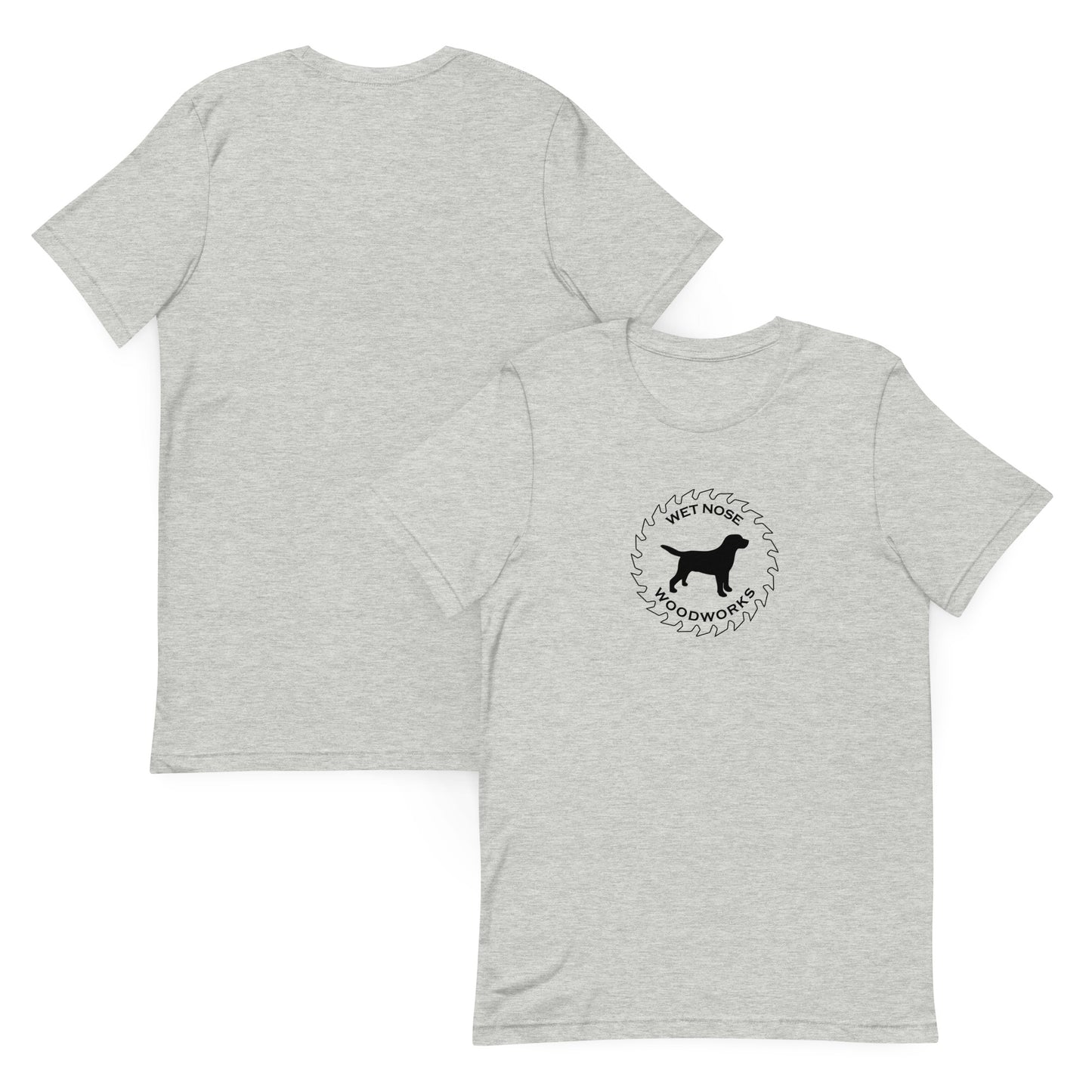 Wet Nose Woodworks logo t-shirt in Athletic Heather, front and back view, alternate angle