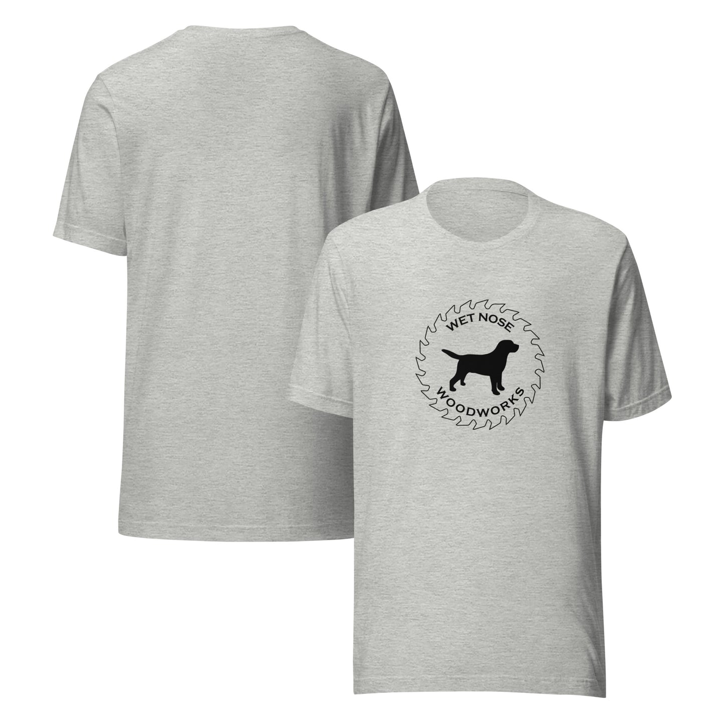 Wet Nose Woodworks logo t-shirt in Athletic Heather, front and back view