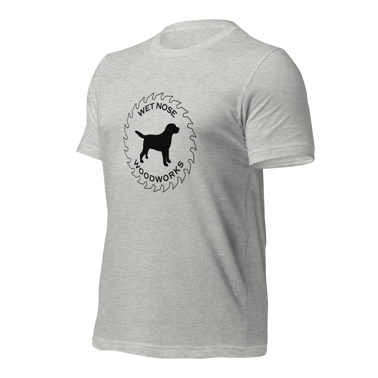 Wet Nose Woodworks logo t-shirt in Athletic Heather, left front angle view