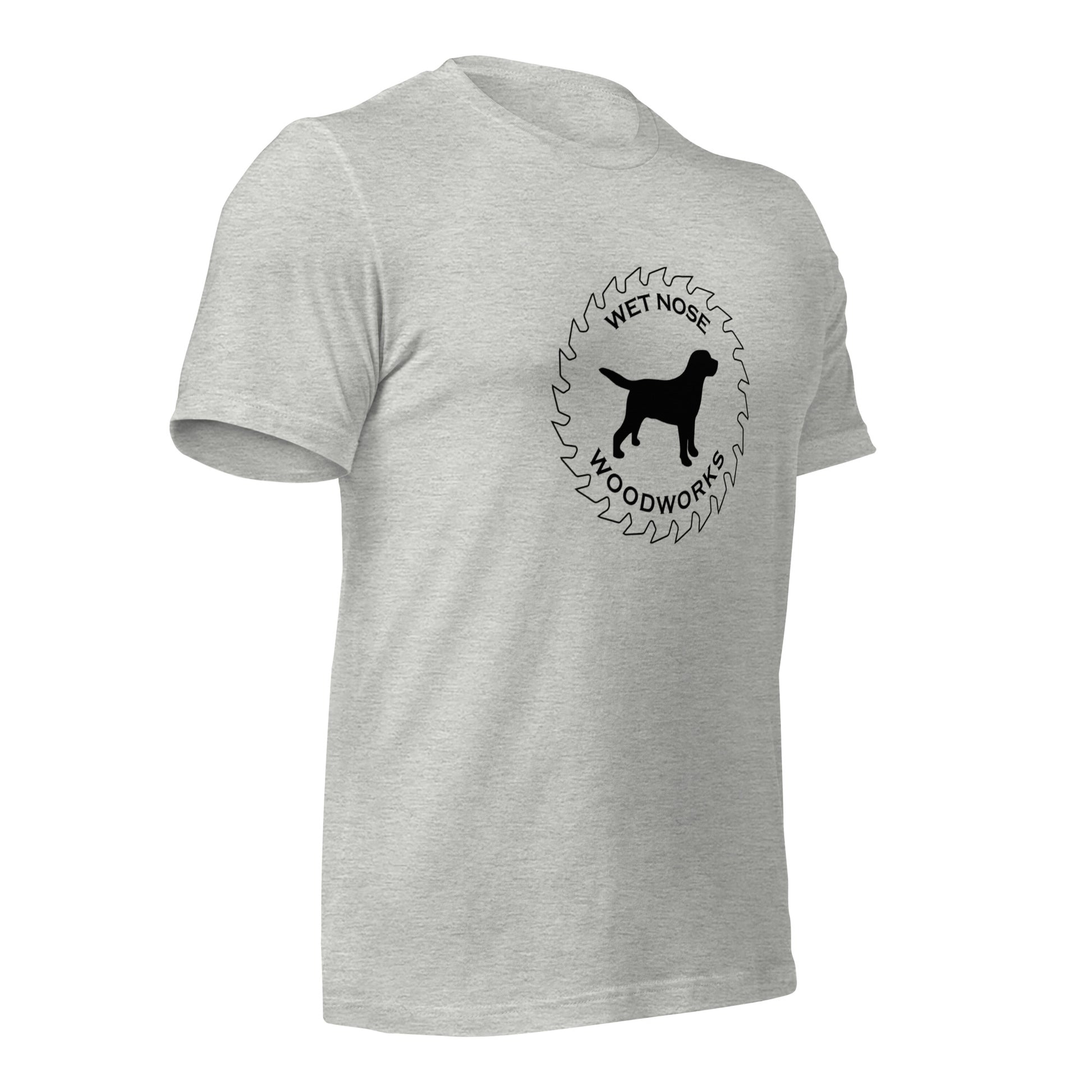 Wet Nose Woodworks logo t-shirt in Athletic Heather, right front angle view