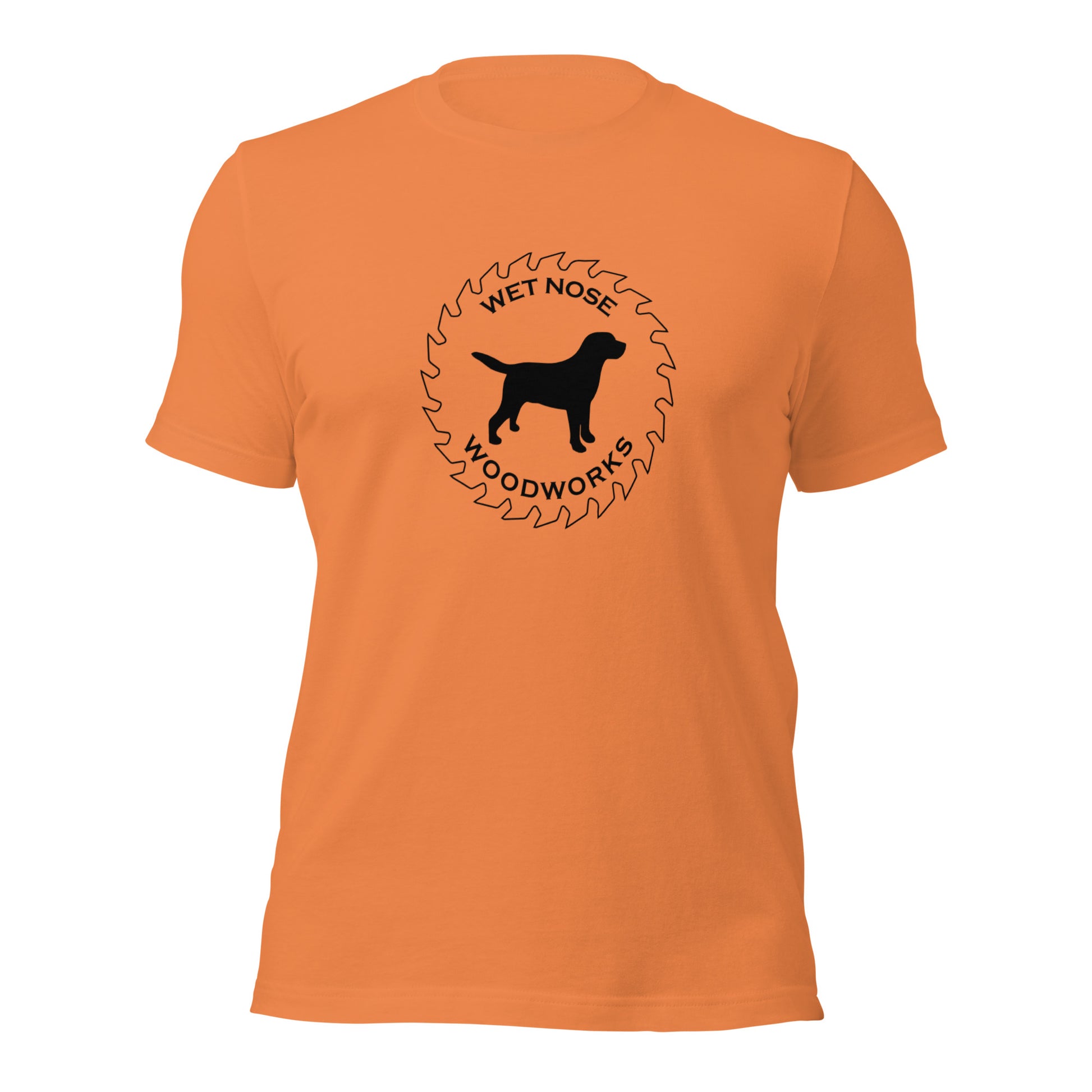 Wet Nose Woodworks logo t-shirt in Burnt Orange, front view, alternate angle
