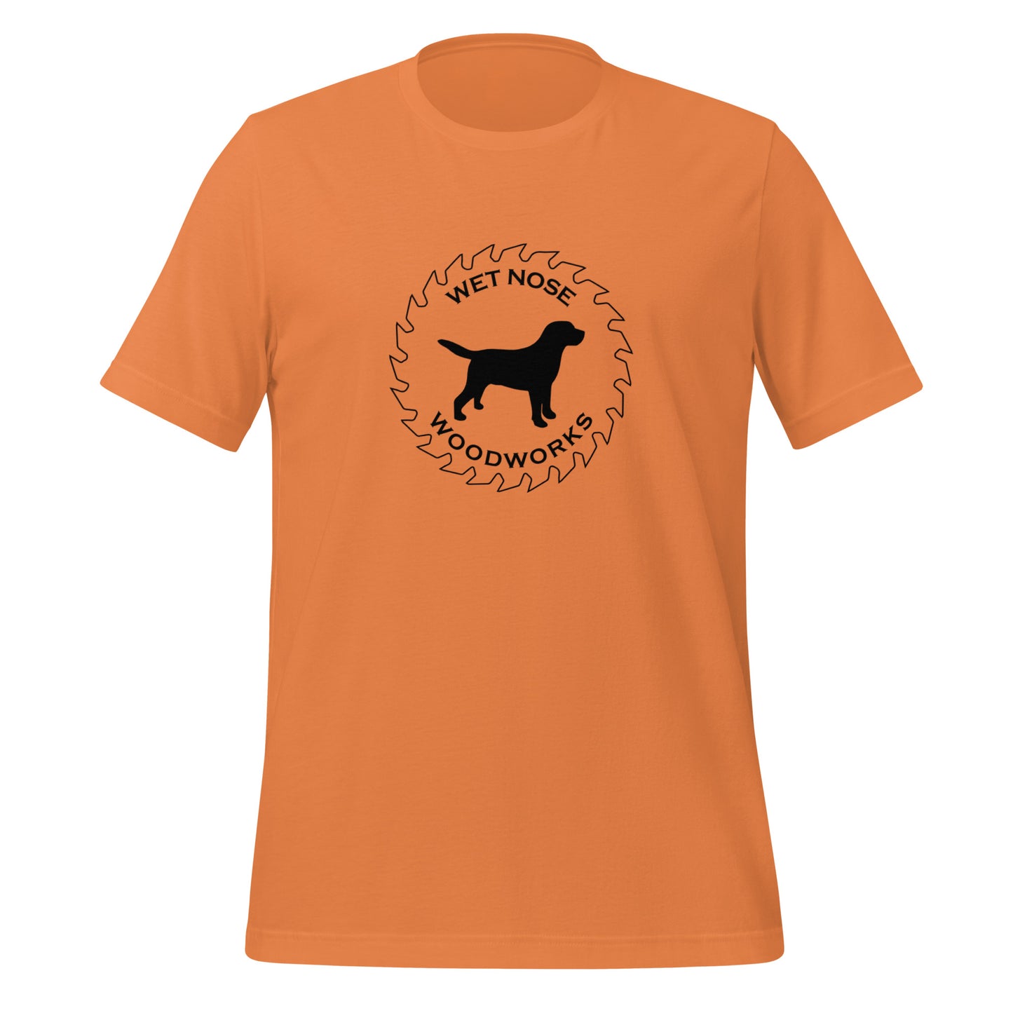 Wet Nose Woodworks logo t-shirt in Burnt Orange, front view