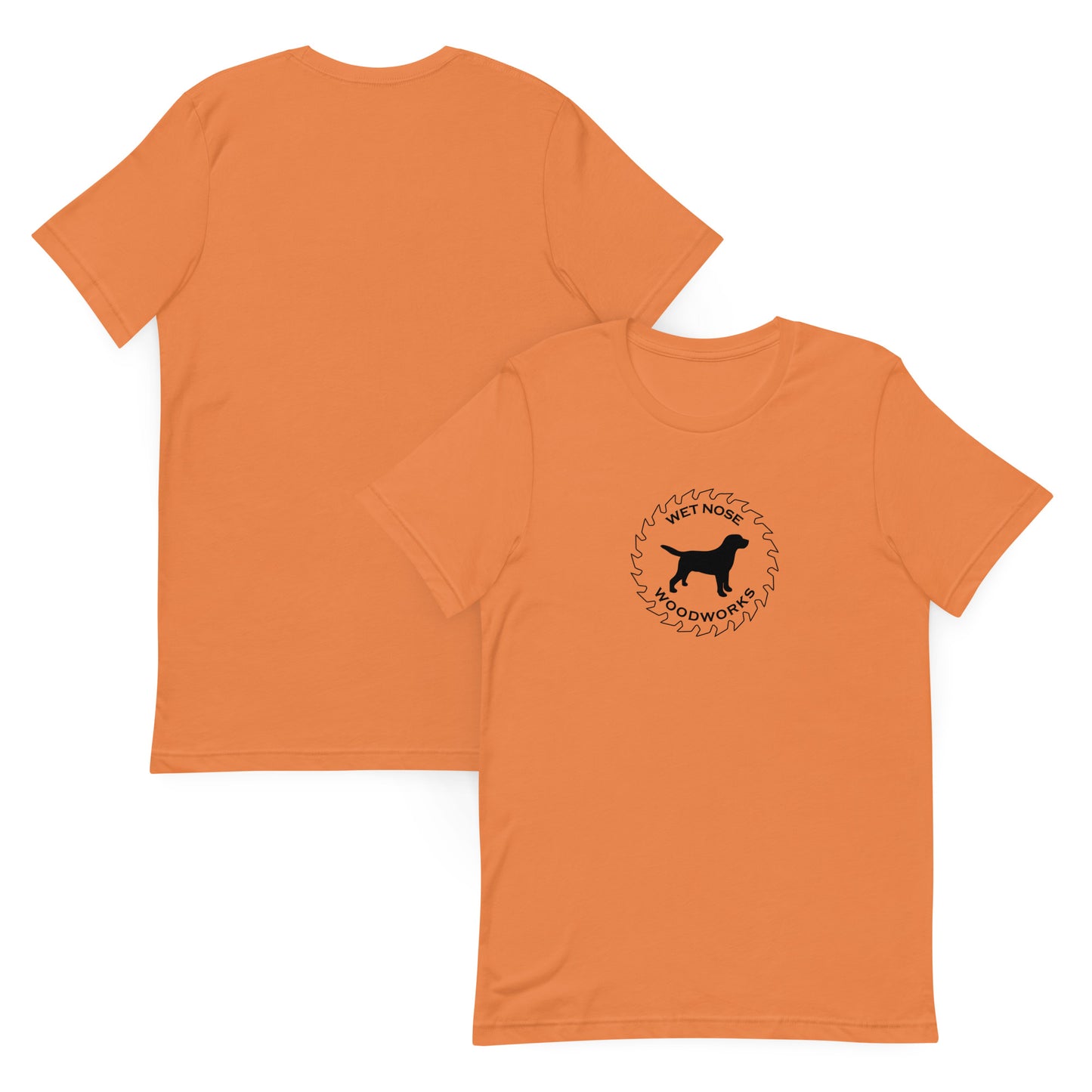 Wet Nose Woodworks logo t-shirt in Burnt Orange, front and back view, alternate angle