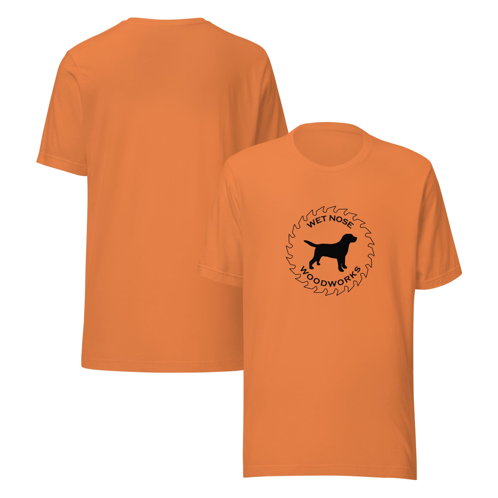Wet Nose Woodworks logo t-shirt in Burnt Orange, front and back view