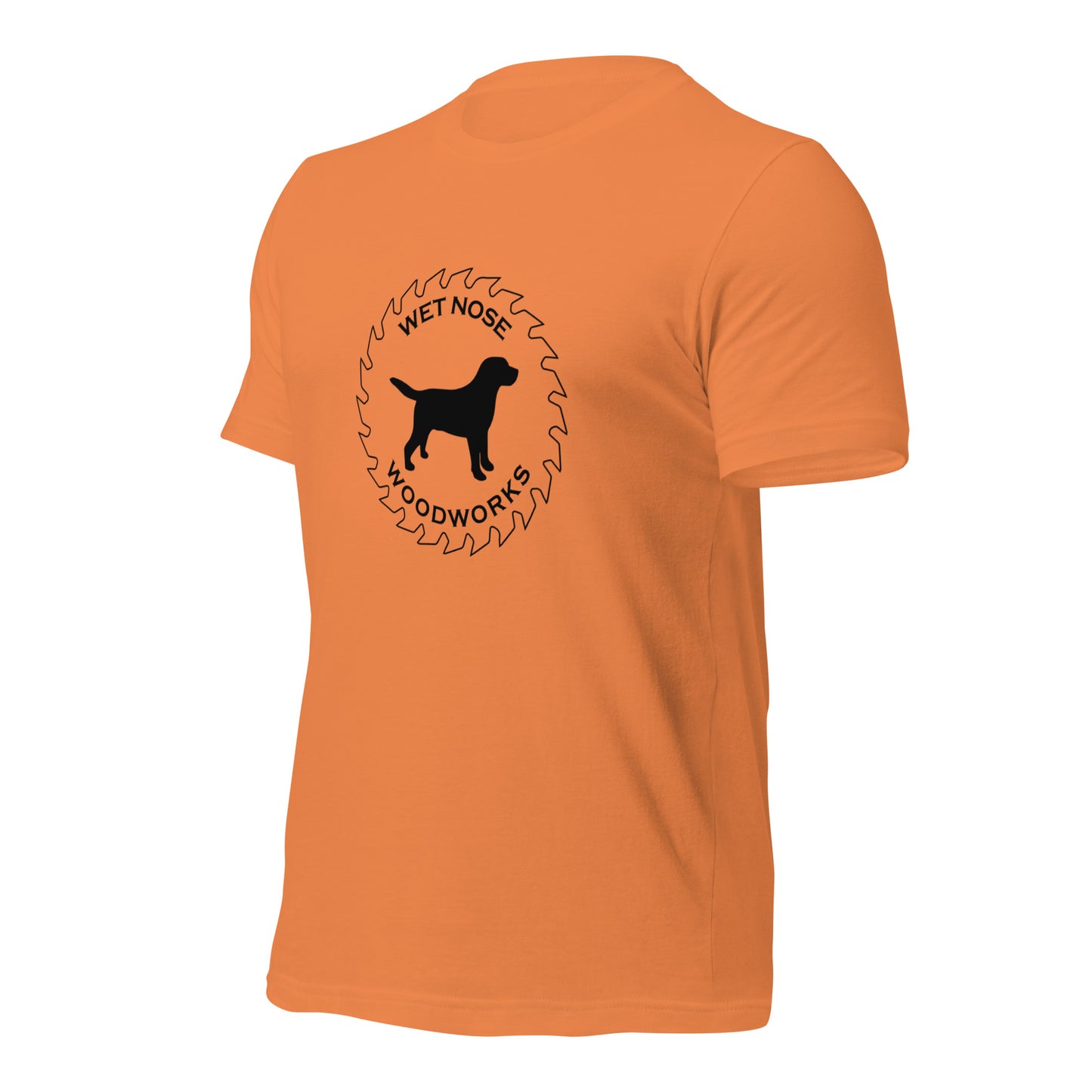 Wet Nose Woodworks logo t-shirt in Burnt Orange, left front angle view