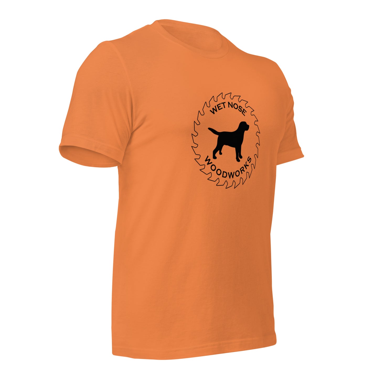 Wet Nose Woodworks logo t-shirt in Burnt Orange, right front angle view