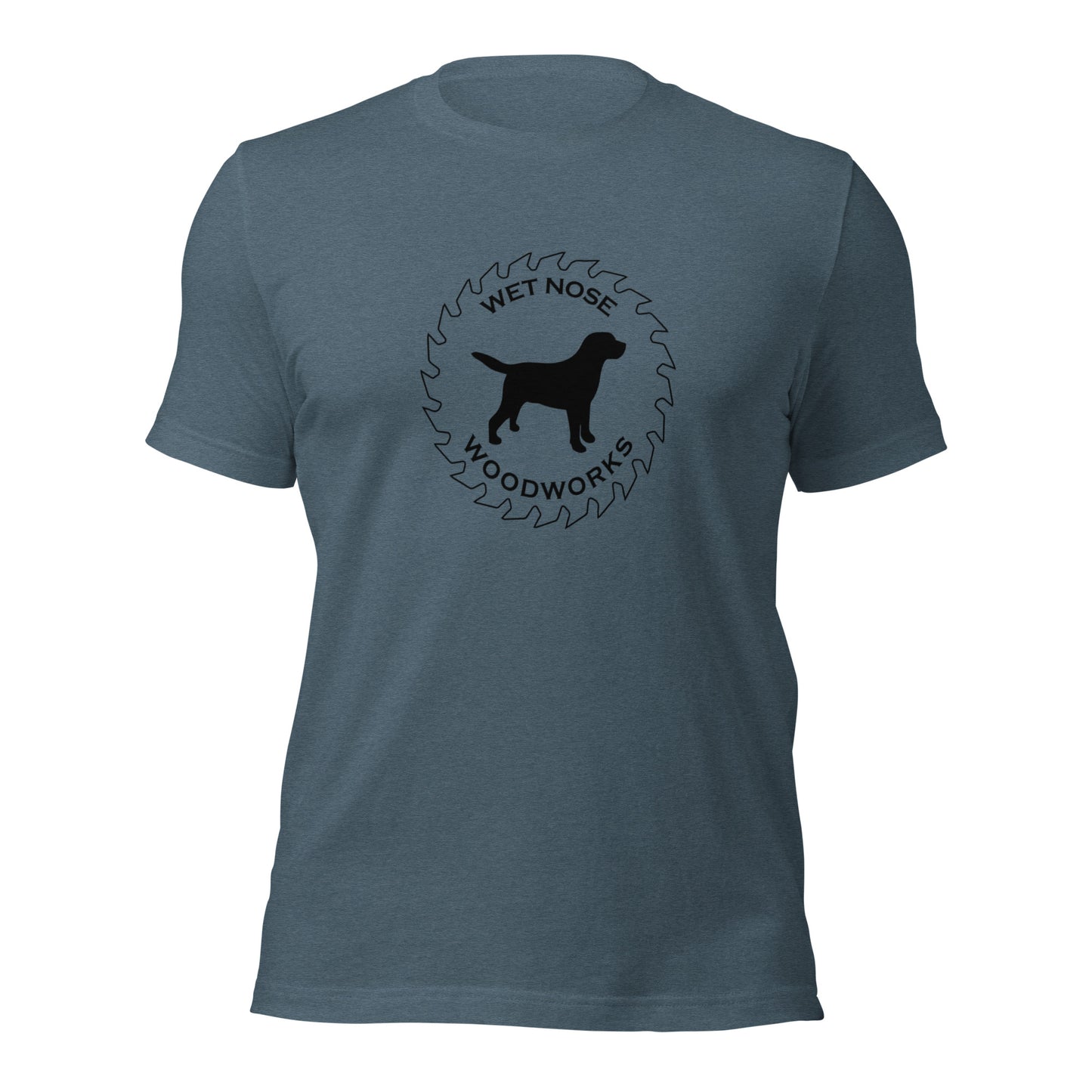 Wet Nose Woodworks logo t-shirt in Heather Slate, front view, alternate angle