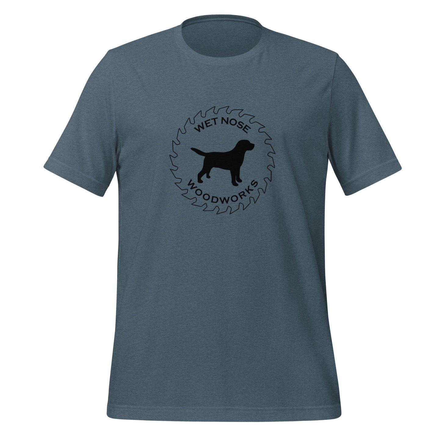 Wet Nose Woodworks logo t-shirt in Heather Slate, front view