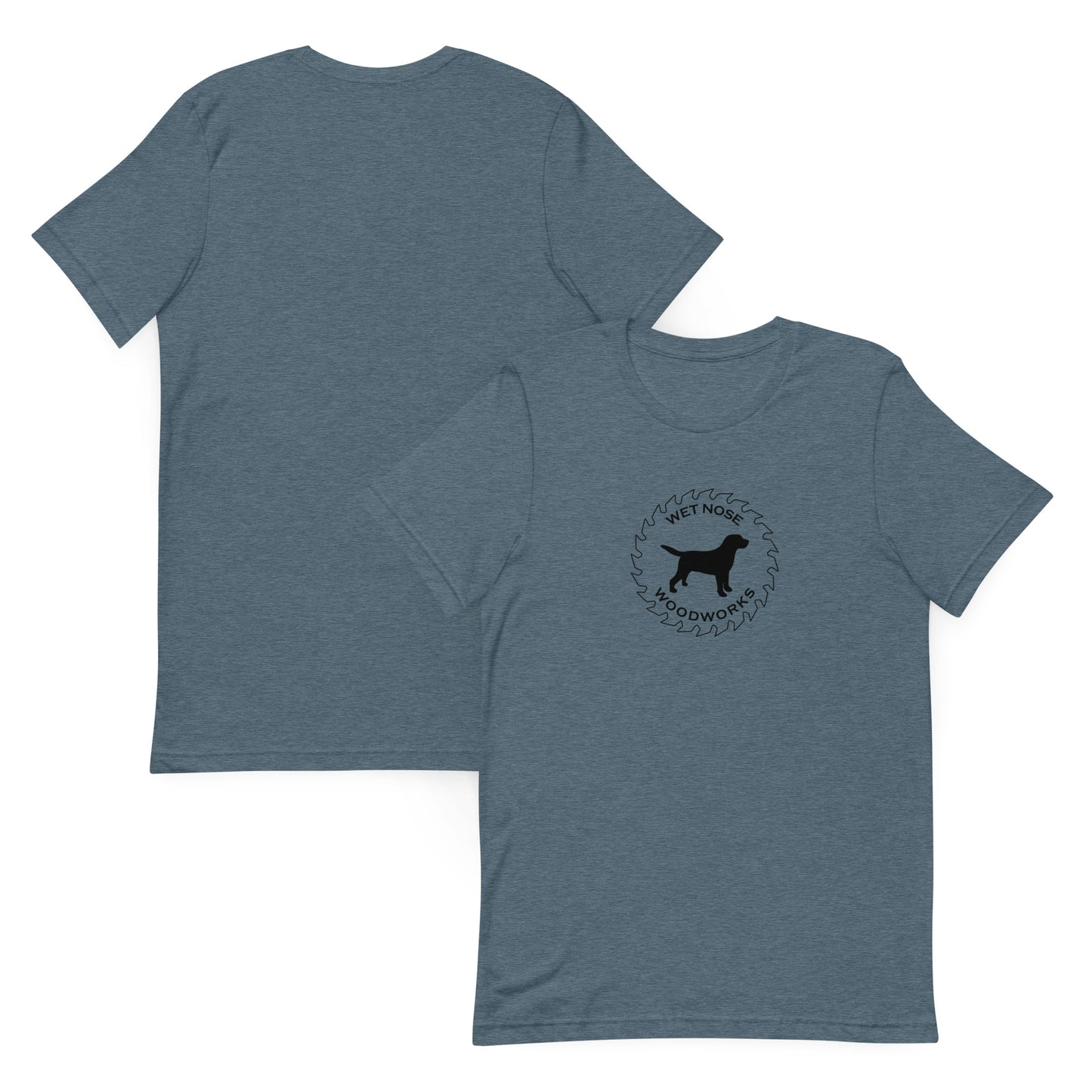 Wet Nose Woodworks logo t-shirt in Heather Slate, front and back view, alternate angle