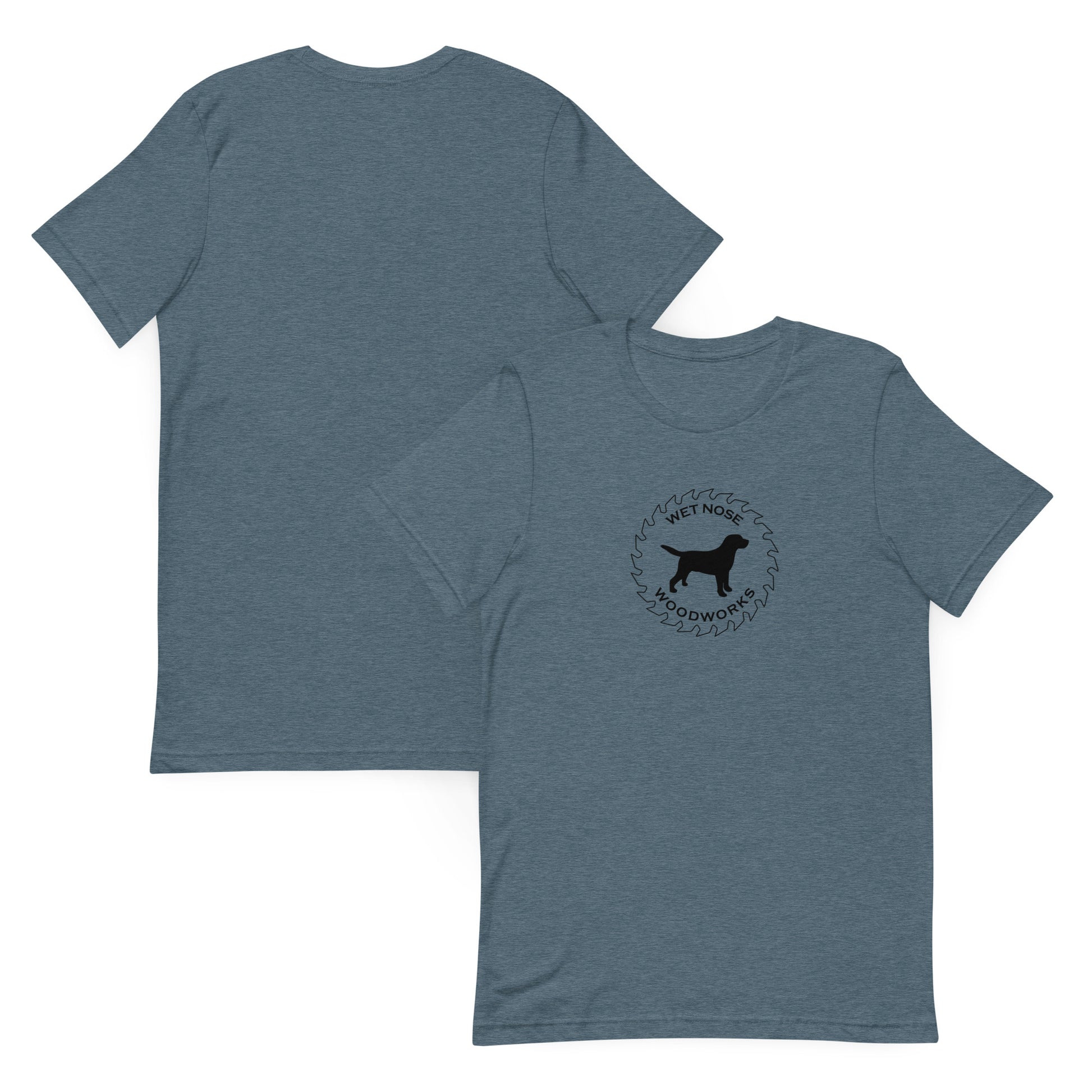 Wet Nose Woodworks logo t-shirt in Heather Slate, front and back view, alternate angle