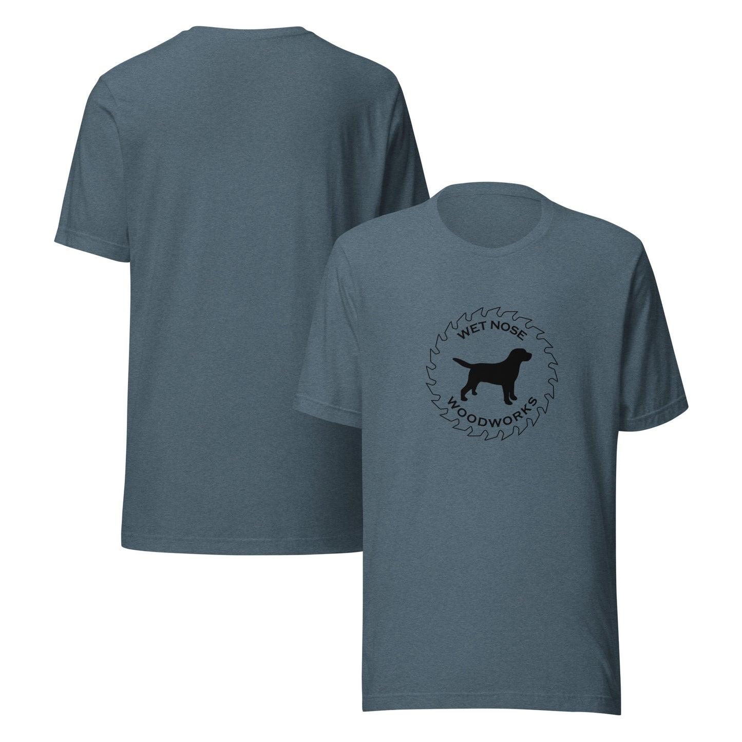 Wet Nose Woodworks logo t-shirt in Heather Slate, front and back view