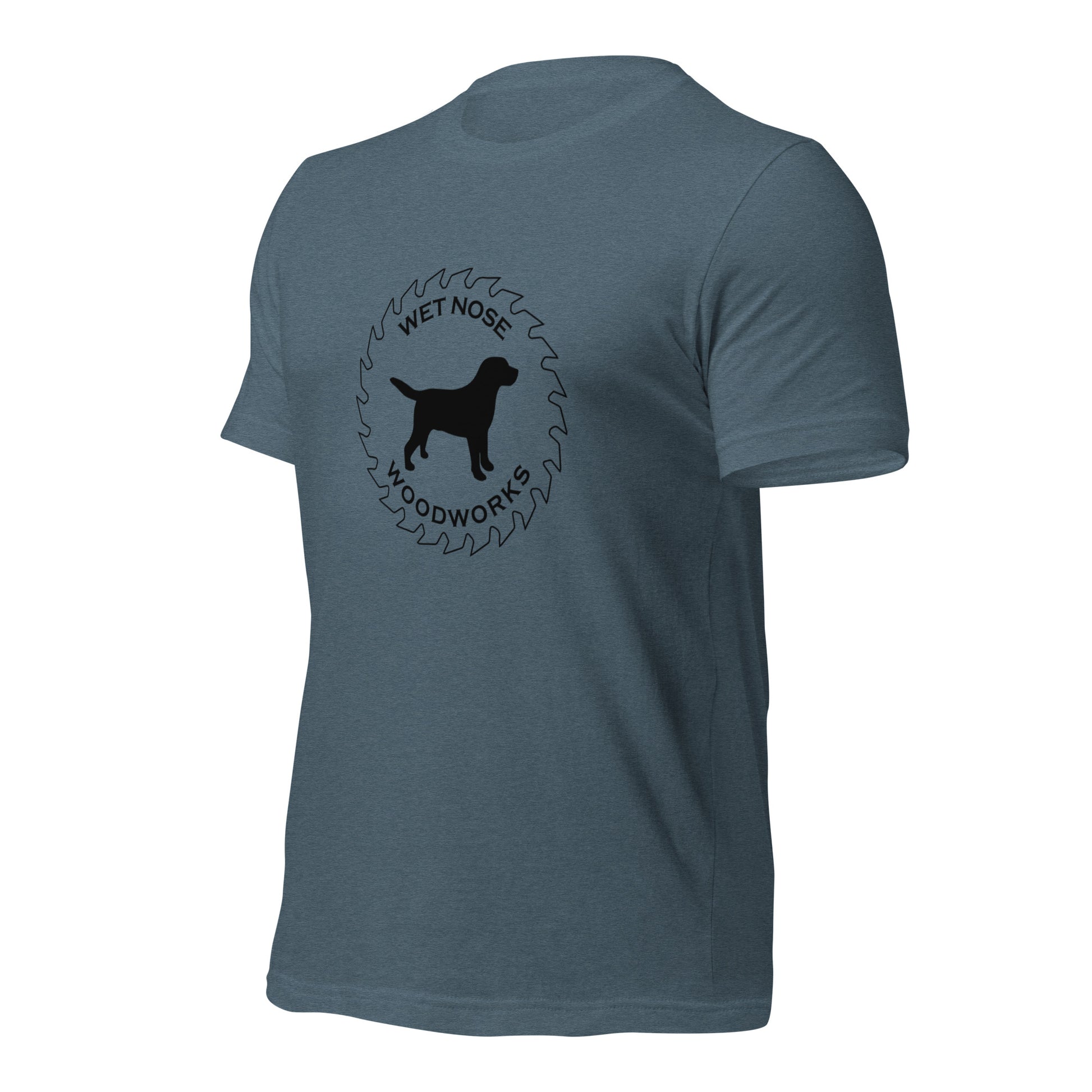 Wet Nose Woodworks logo t-shirt in Heather Slate, left front angle view