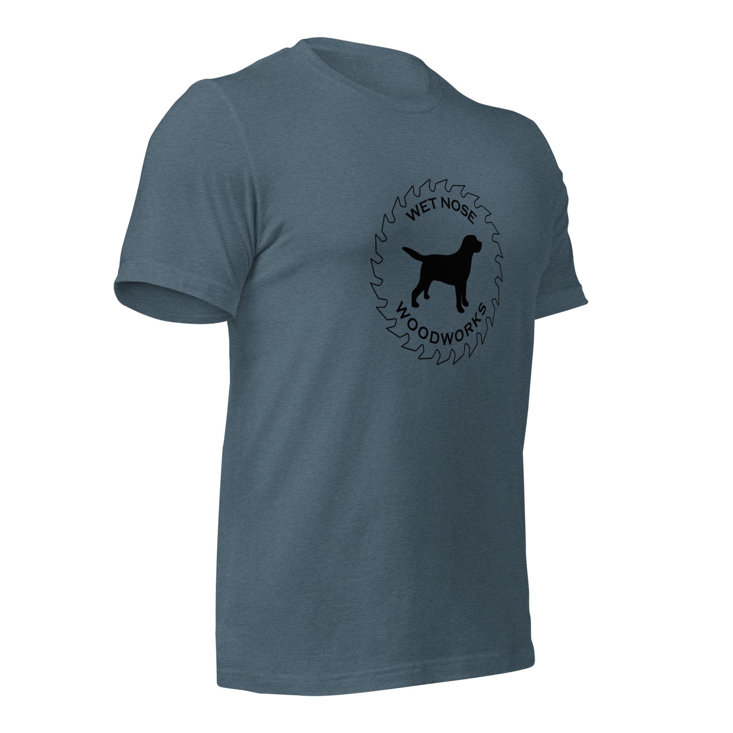 Wet Nose Woodworks logo t-shirt in Heather Slate, right front angle view