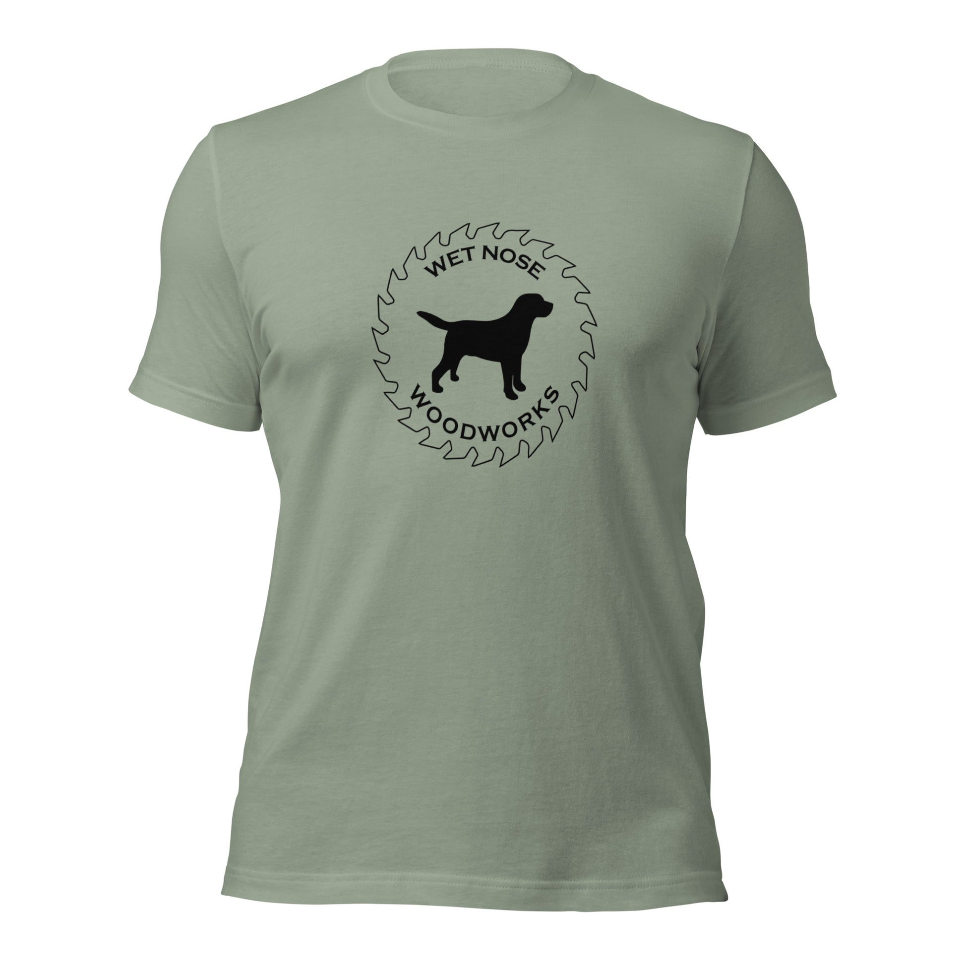Wet Nose Woodworks logo t-shirt in Sage, front view, alternate angle