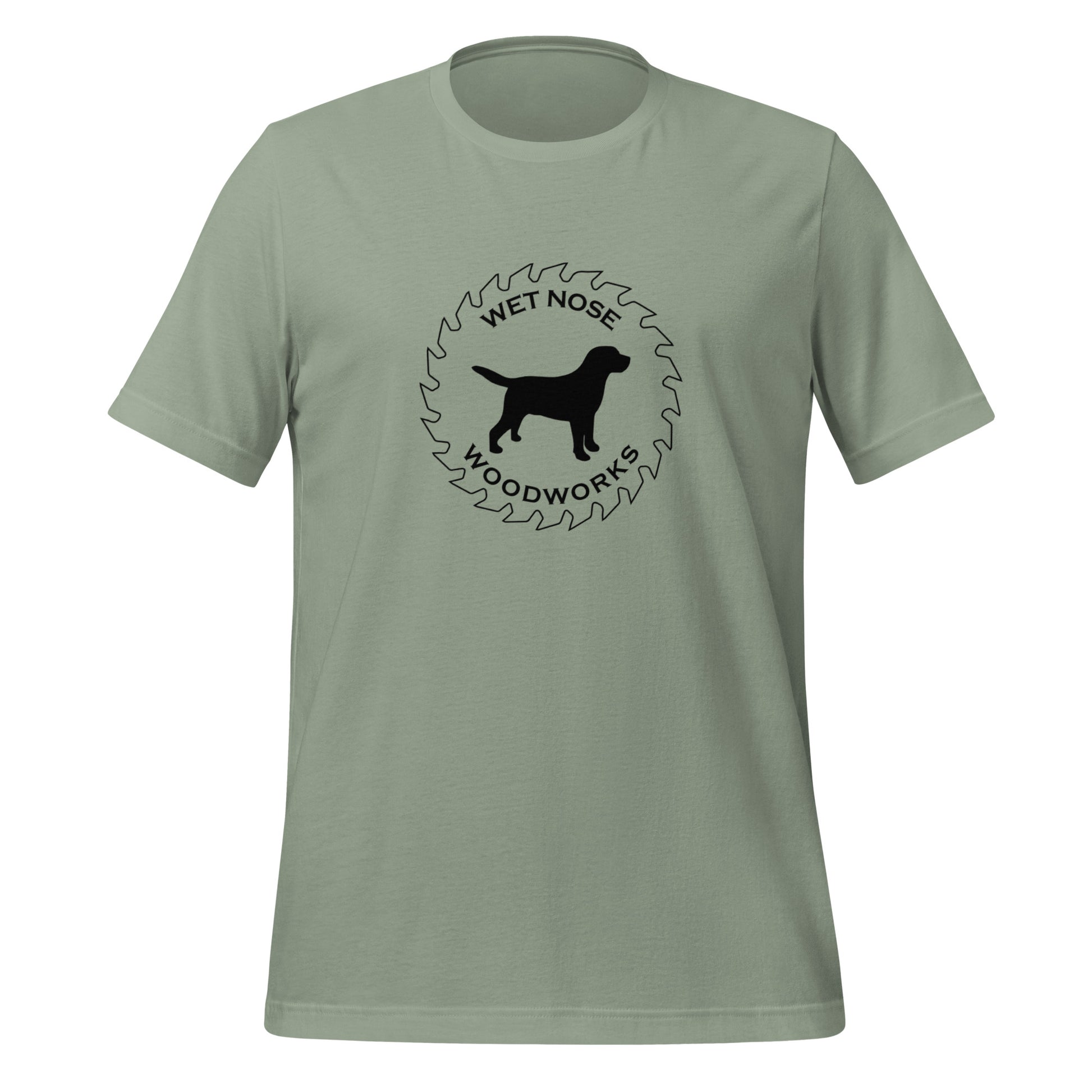 Wet Nose Woodworks logo t-shirt in Sage, front view