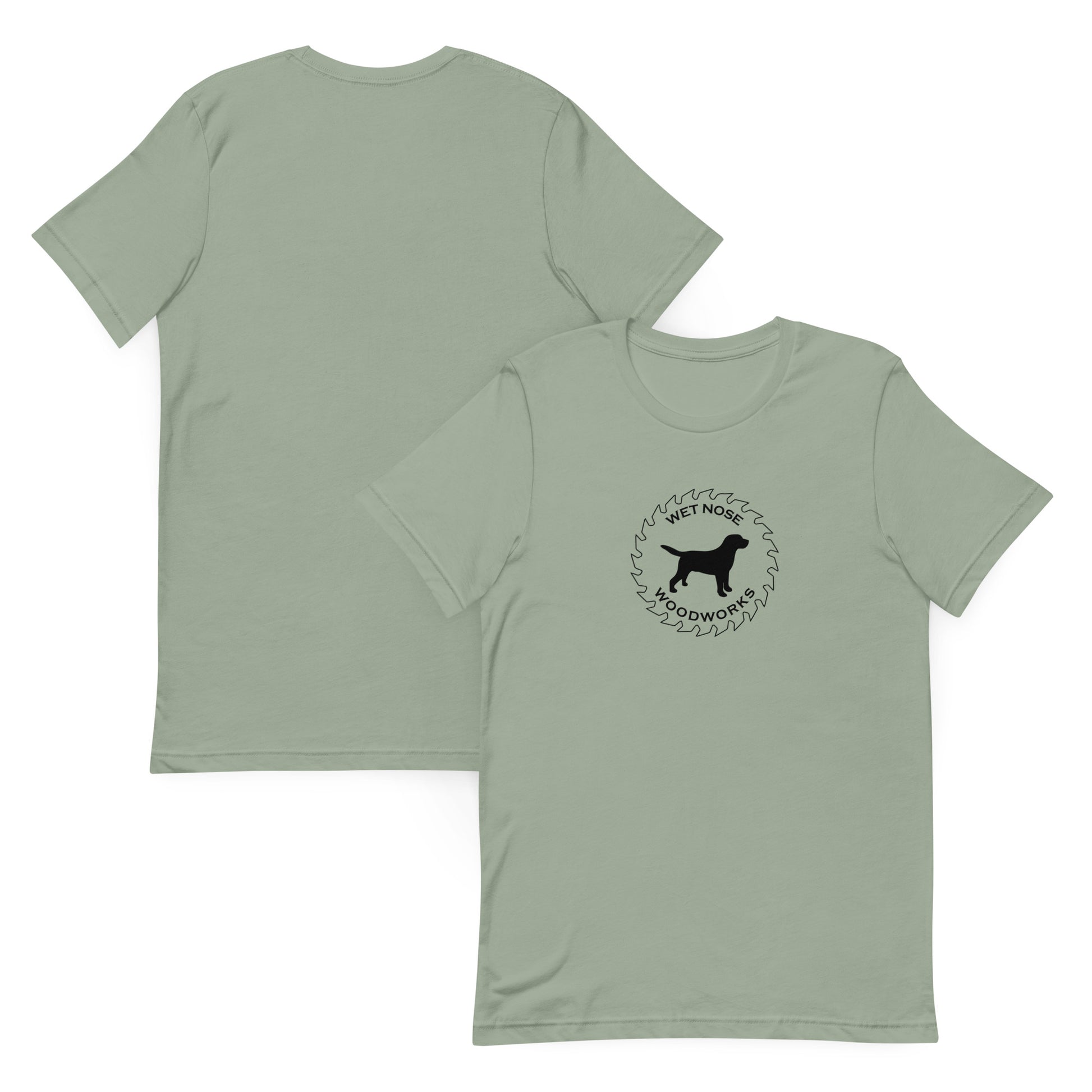 Wet Nose Woodworks logo t-shirt in Sage, front and back view, alternate angle