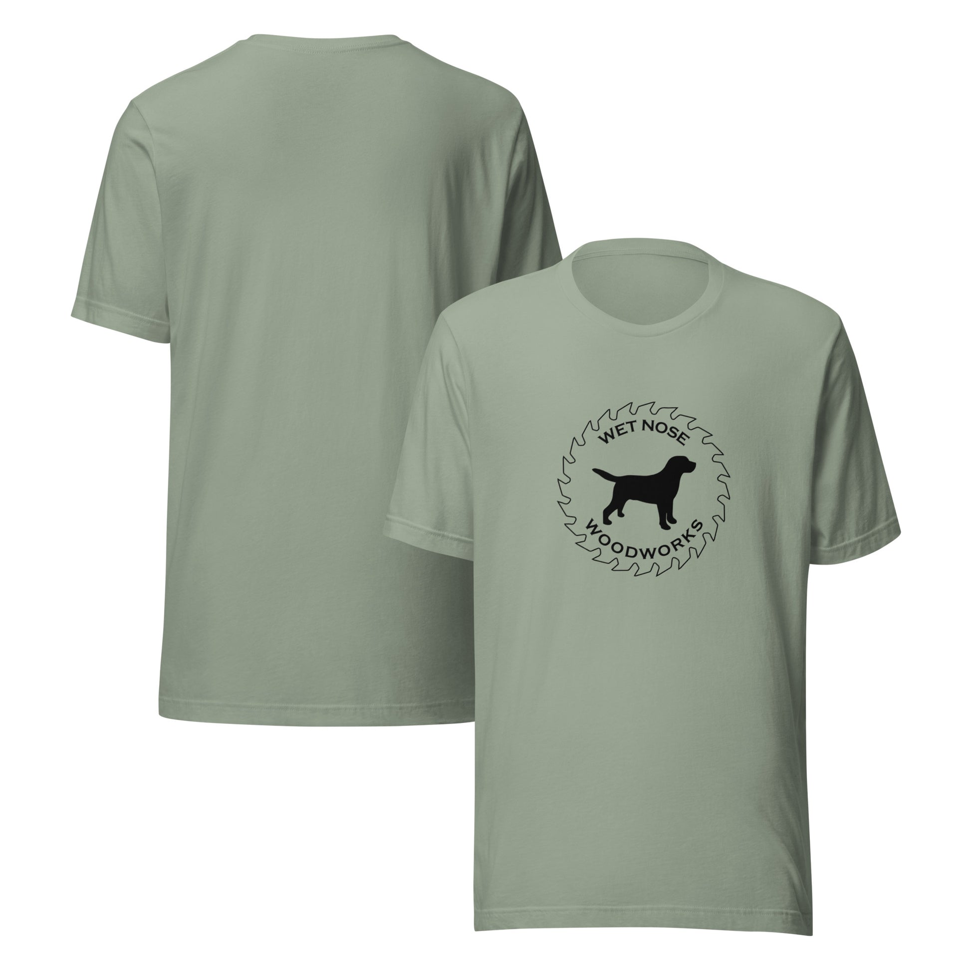 Wet Nose Woodworks logo t-shirt in Sage, front and back view