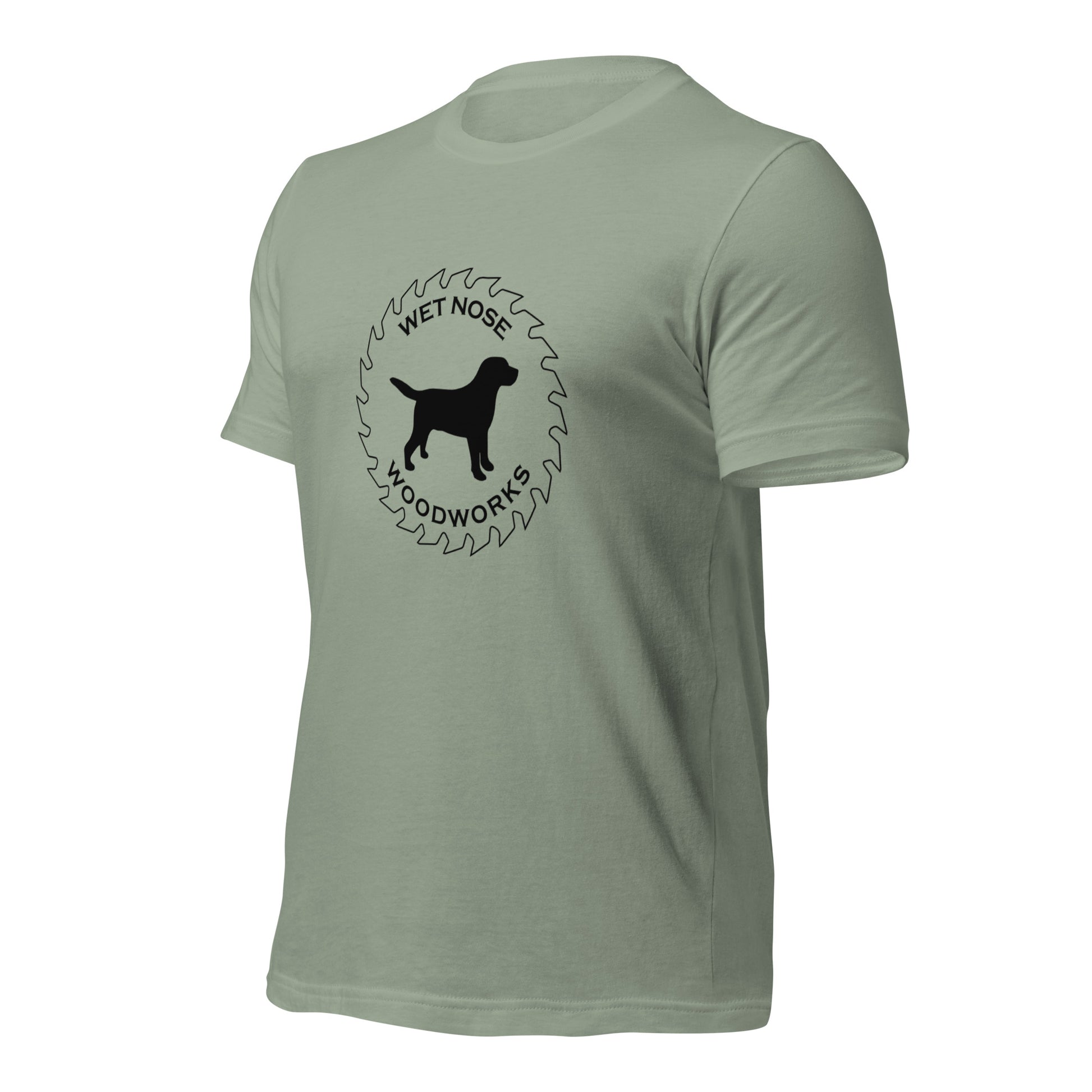 Wet Nose Woodworks logo t-shirt in Sage, left front angle view