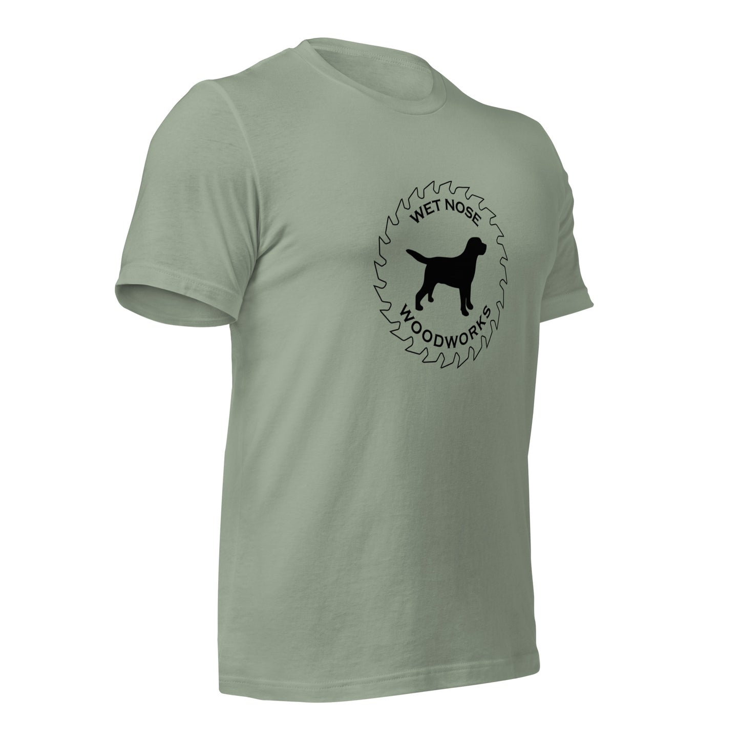 Wet Nose Woodworks logo t-shirt in Sage, right front angle view
