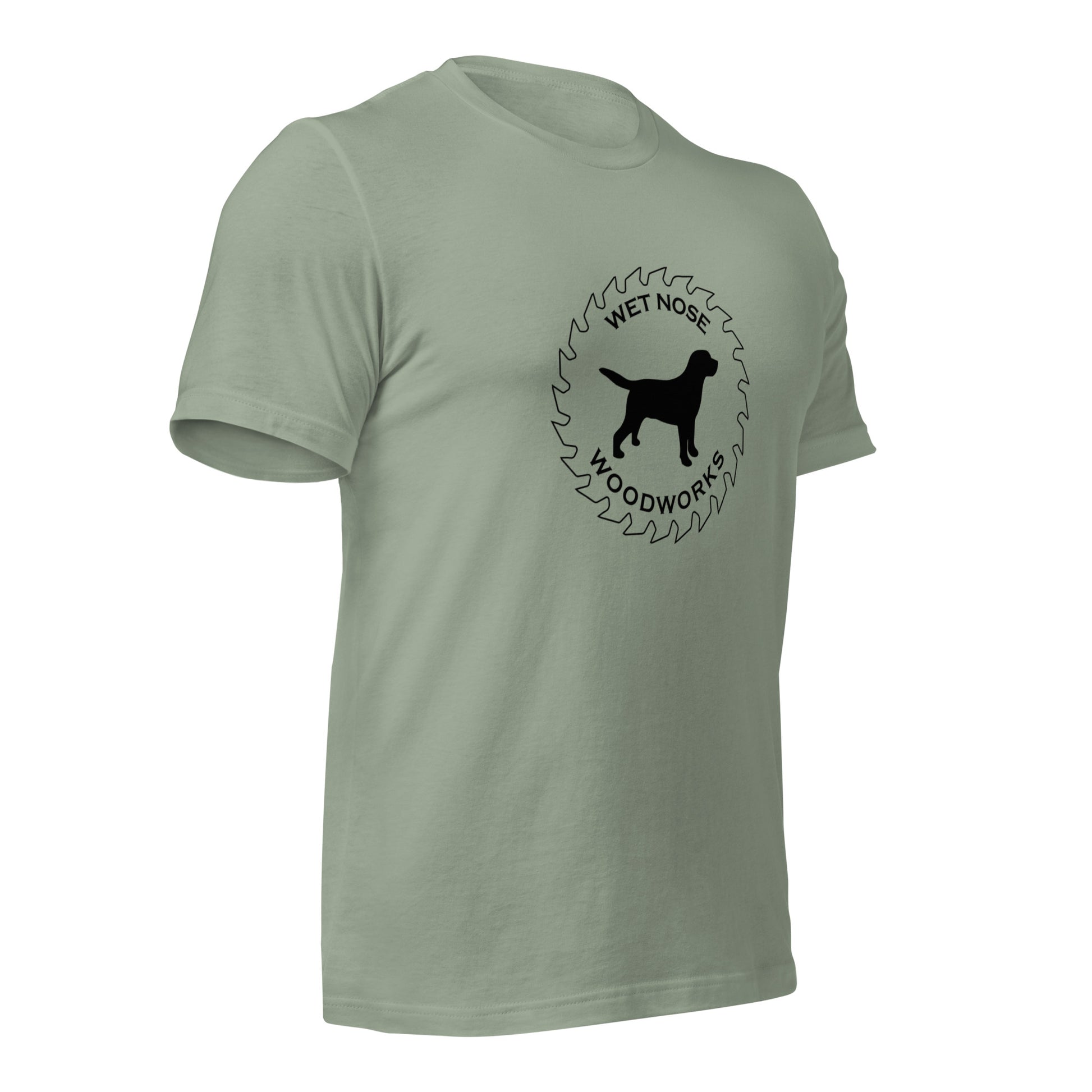 Wet Nose Woodworks logo t-shirt in Sage, right front angle view